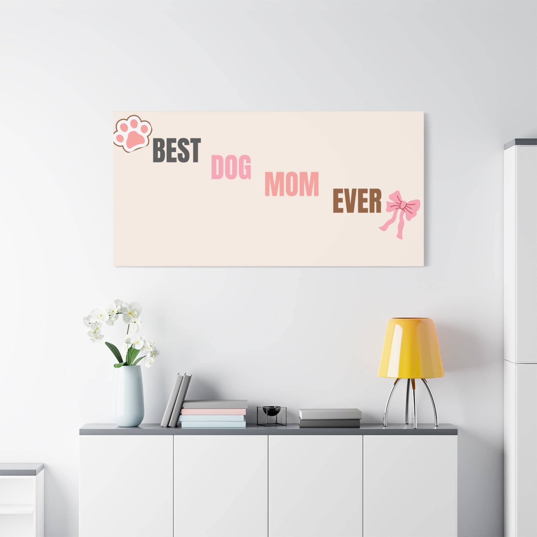 Best Dog Mom Ever Canvas Wall Art — Pink Paw & Bow Matte Stretched Canvas