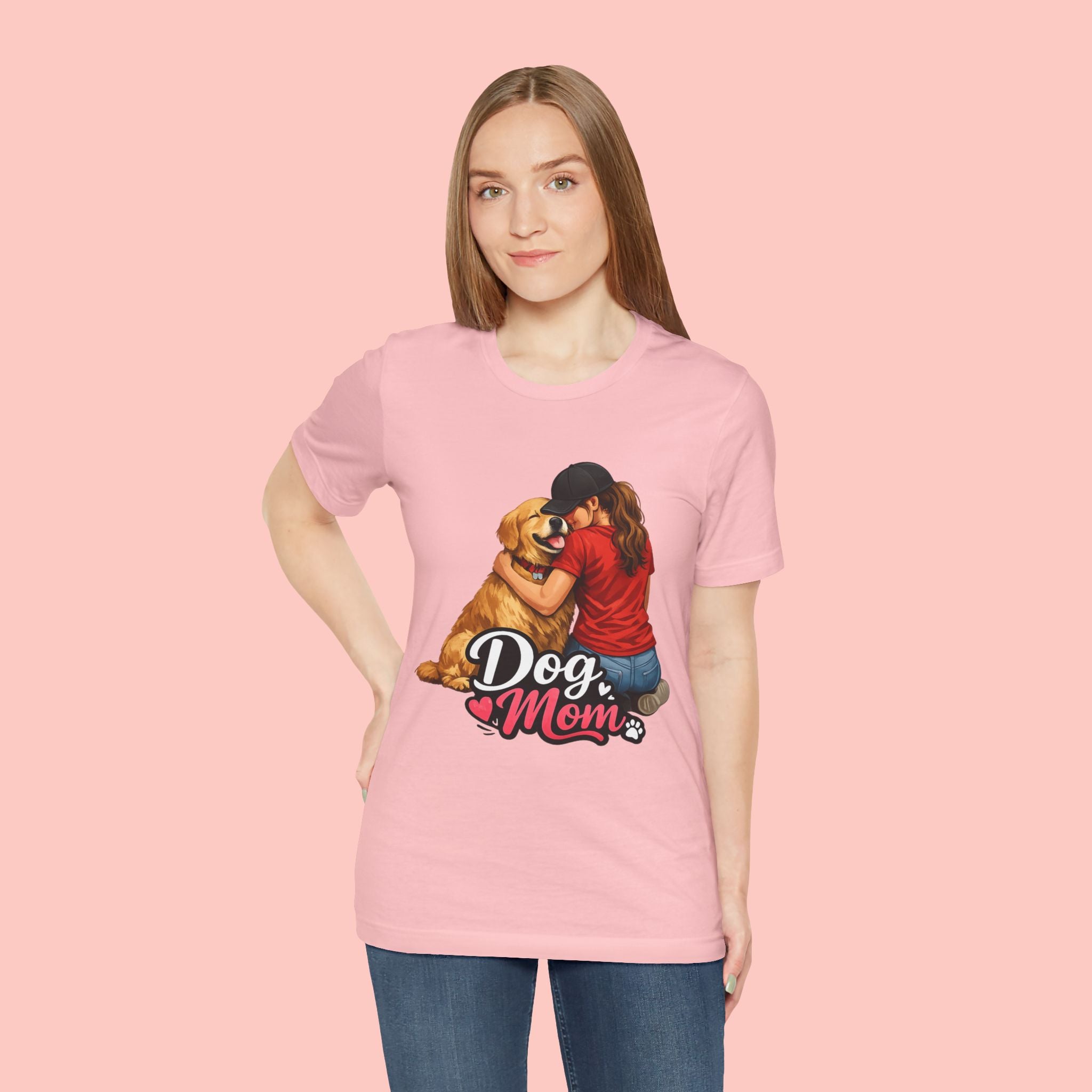 Dog Mom T-Shirt - Cute Woman Hugging Golden Retriever Tee
