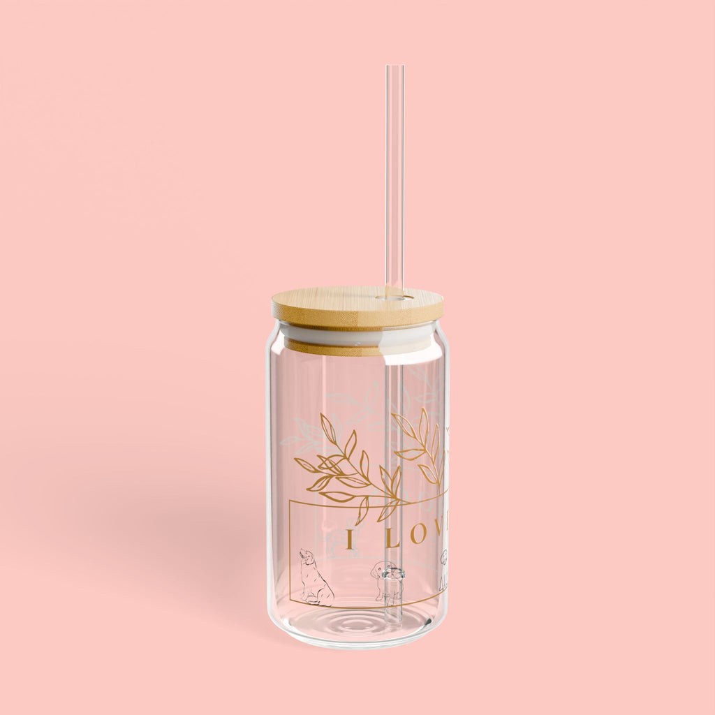16oz Glass Sipper Tumbler — “Love Dogs” Botanical Design with Bamboo Lid & Straw