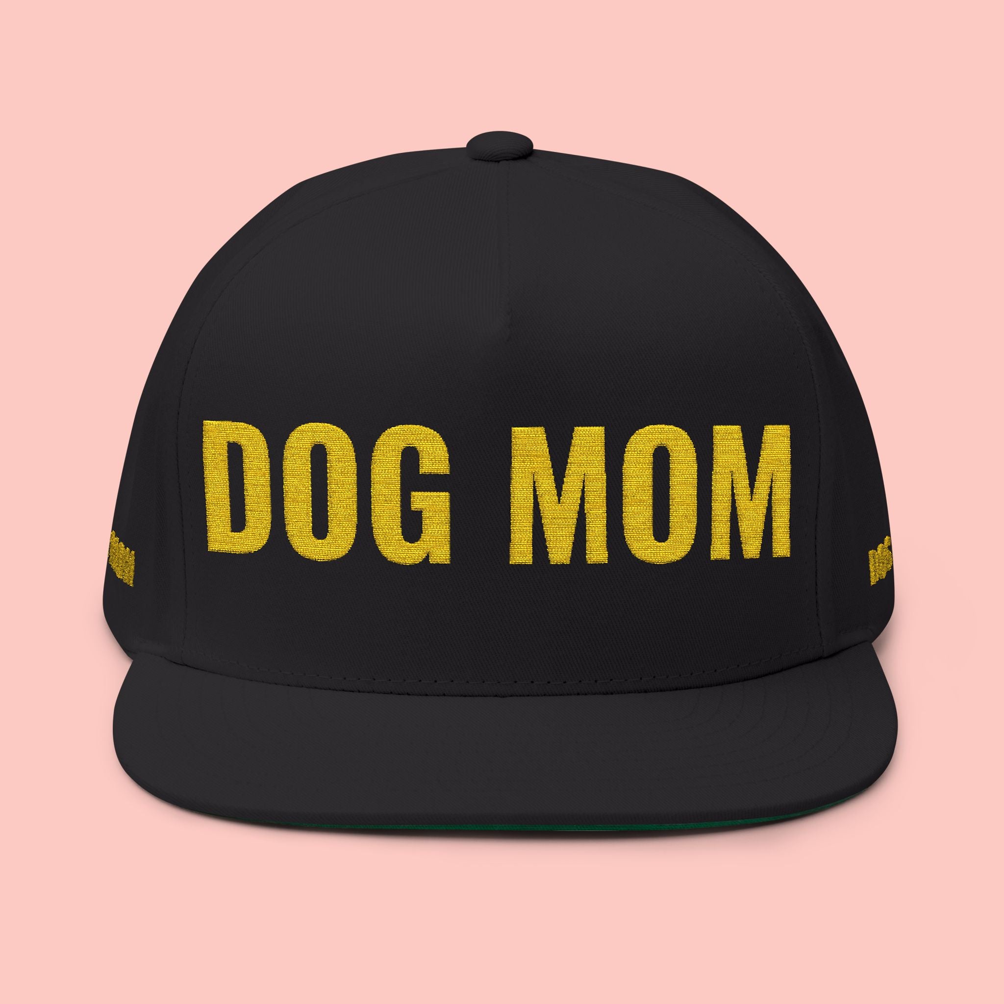 Dog Mom Flat Bill Cap — Embroidered Gold Sparkle
