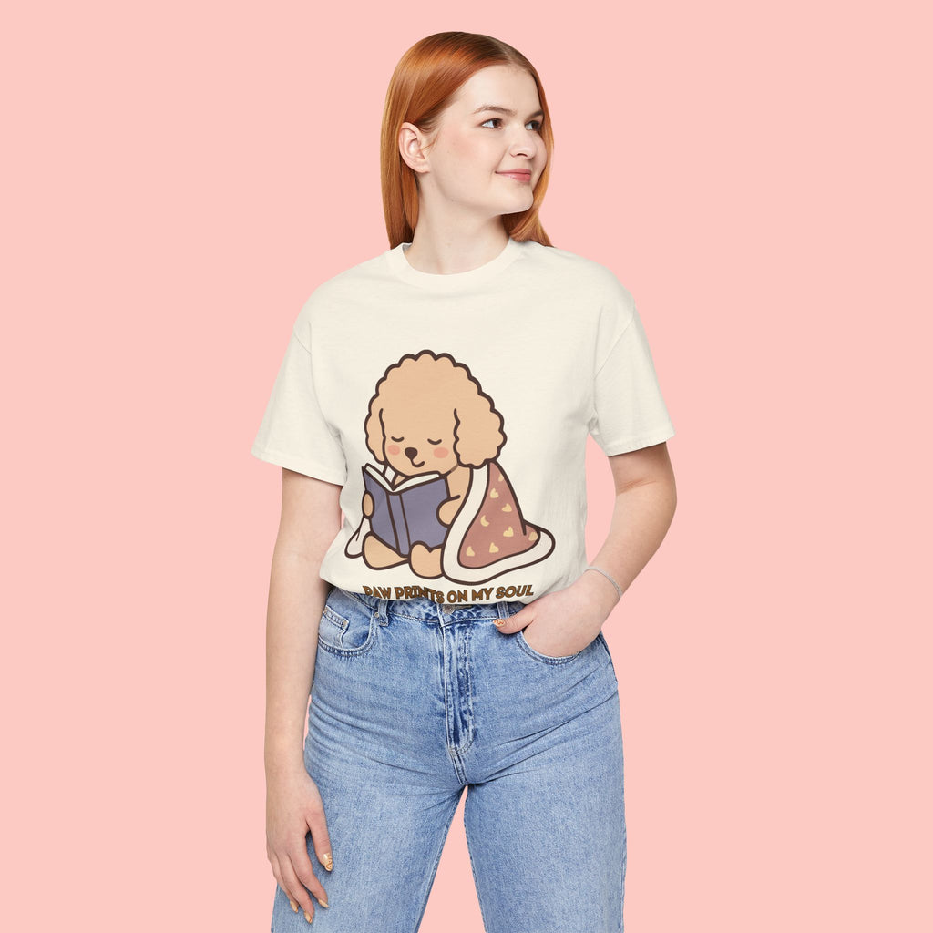 Paw Prints On My Soul T‑Shirt — Cute Reading Puppy Graphic Tee