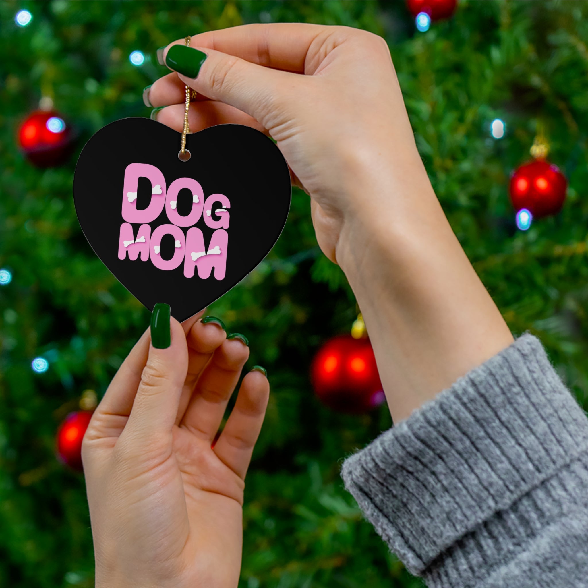 Dog Mom Ceramic Ornament — Pink Heart Typography Holiday Decoration