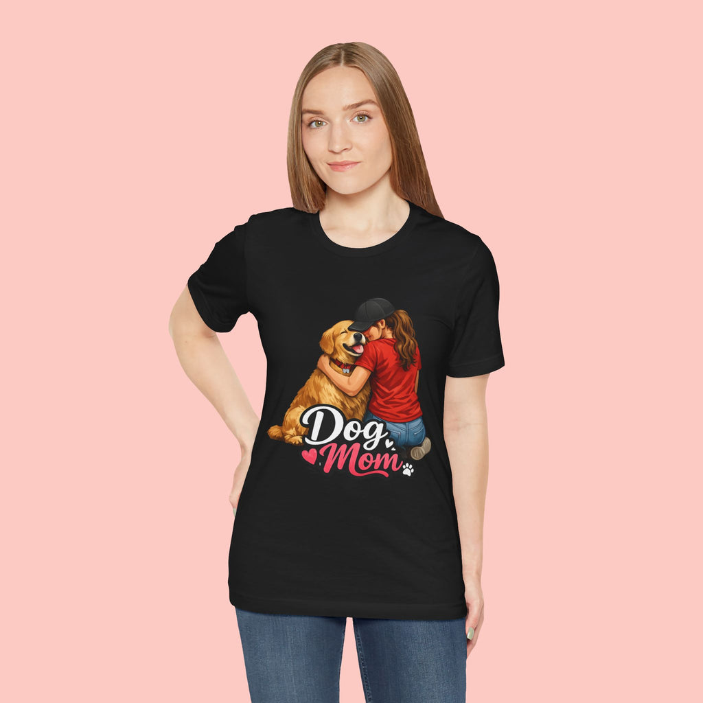 Dog Mom T-Shirt - Cute Woman Hugging Golden Retriever Tee
