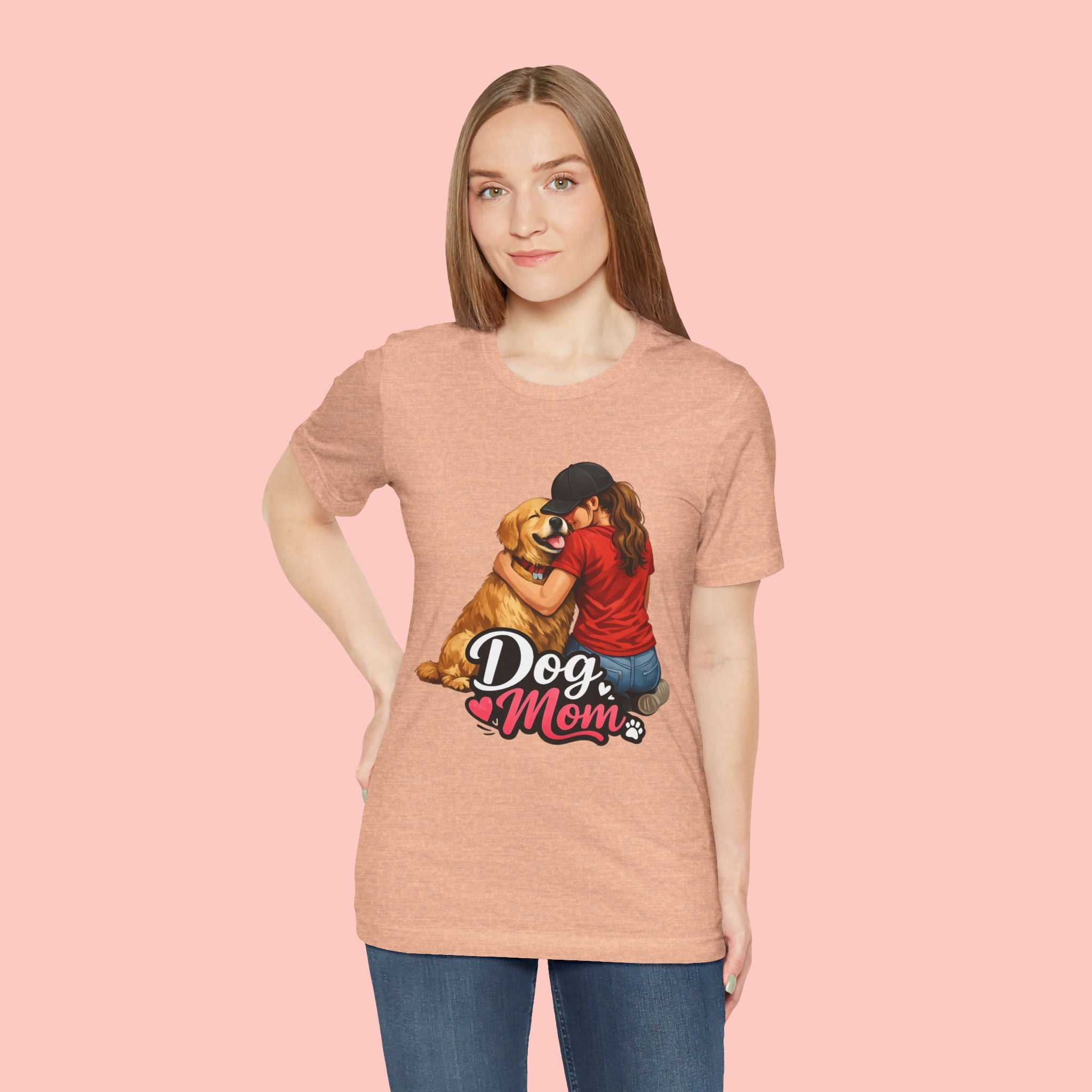 Dog Mom T-Shirt - Cute Woman Hugging Golden Retriever Tee