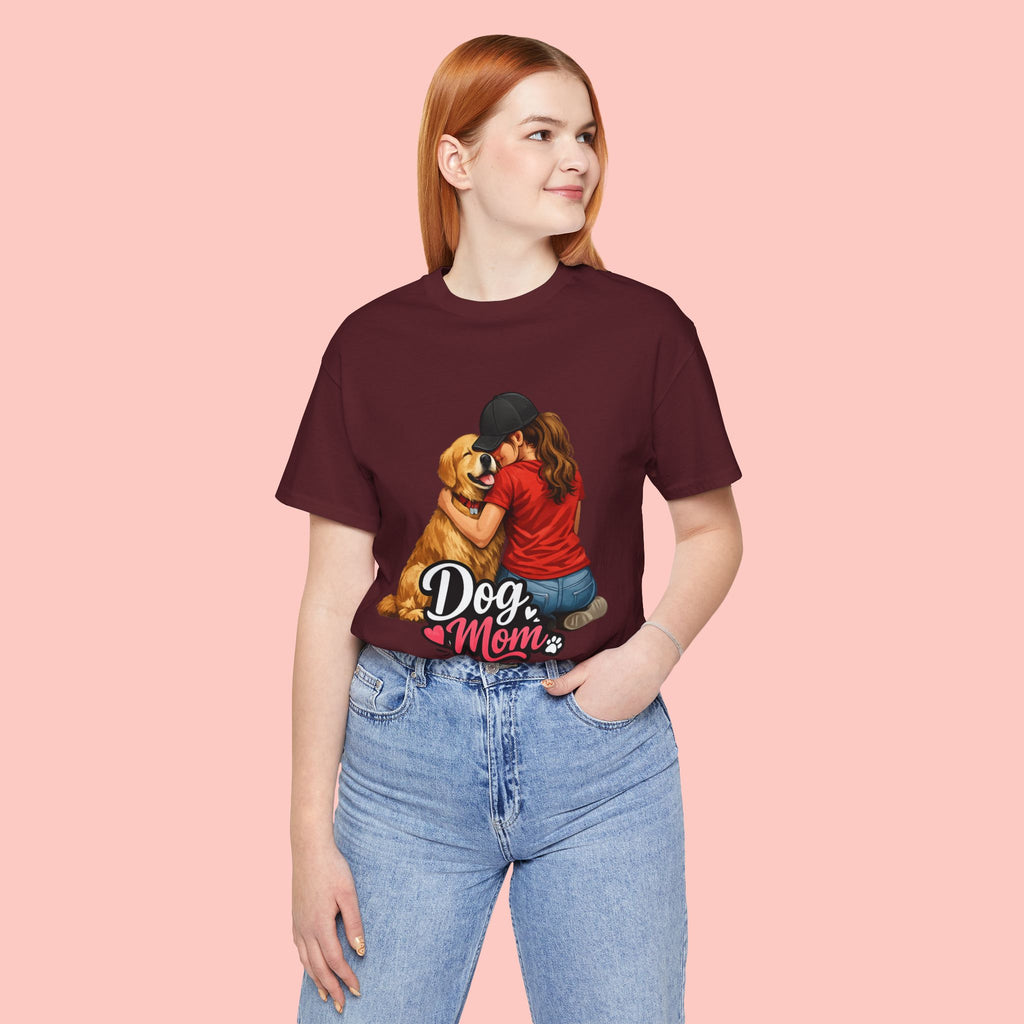 Dog Mom T-Shirt - Cute Woman Hugging Golden Retriever Tee