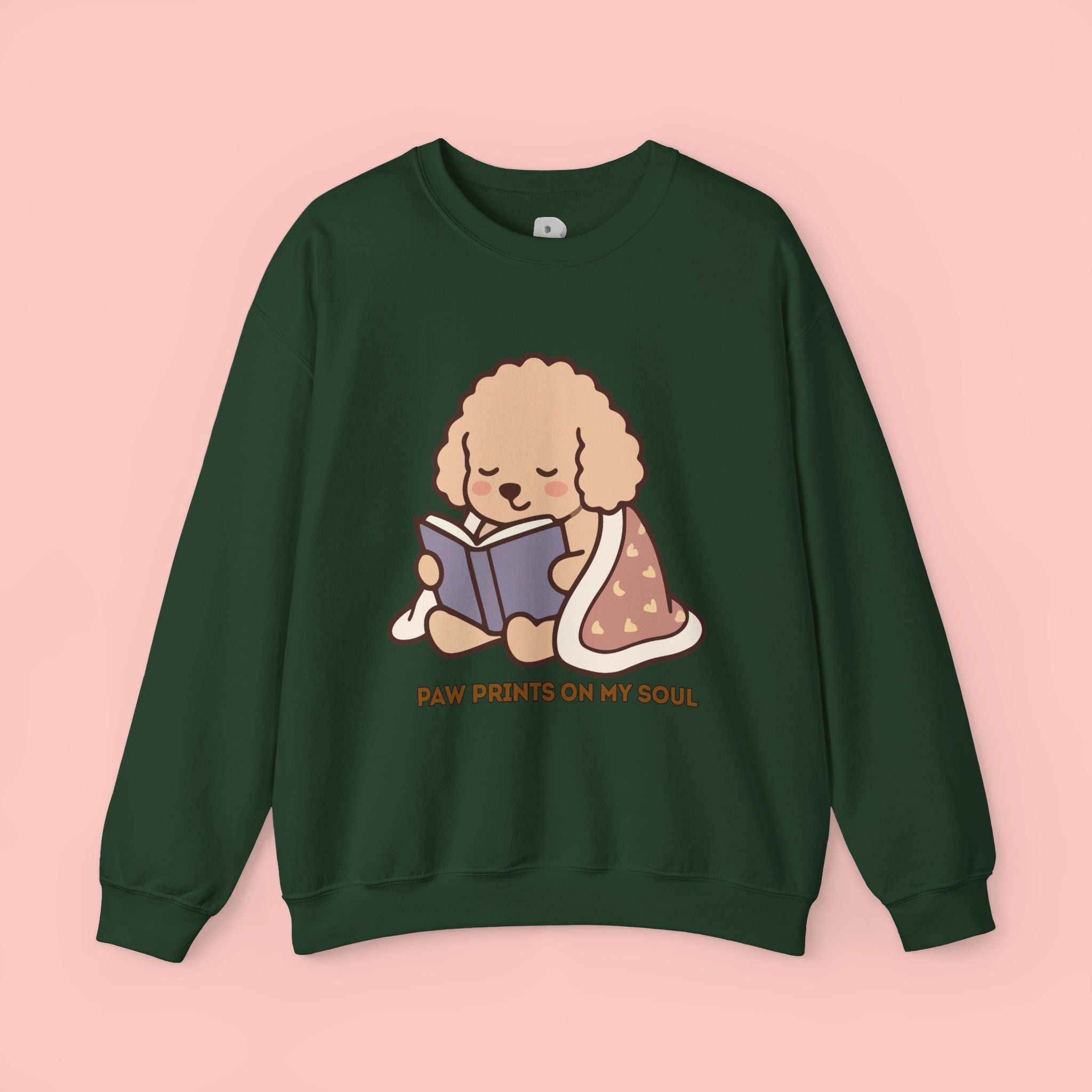 Cozy Reading Puppy Sweatshirt — "Paw Prints On My Soul" Crewneck
