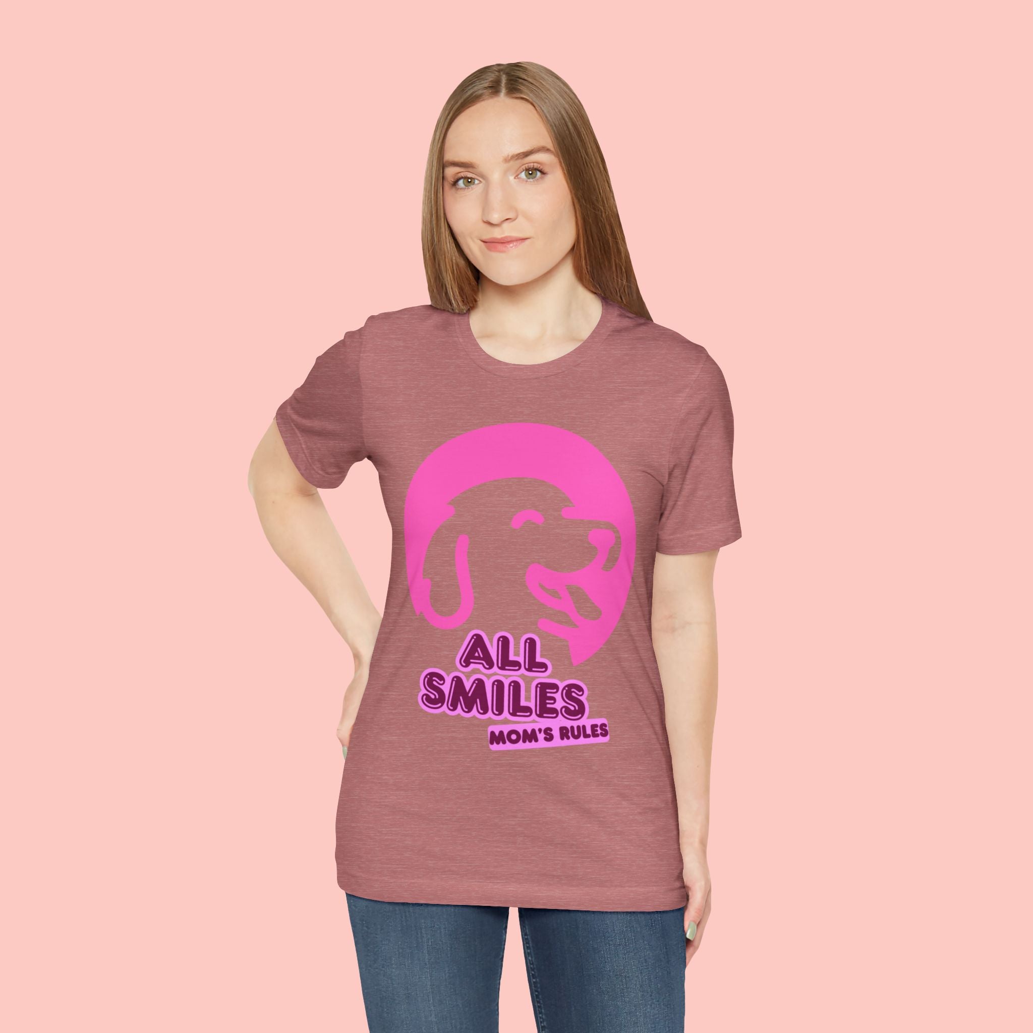 All Smiles Mom's Rules T-Shirt — Cute Pink Dog Graphic Tee for Moms & Pet Lovers