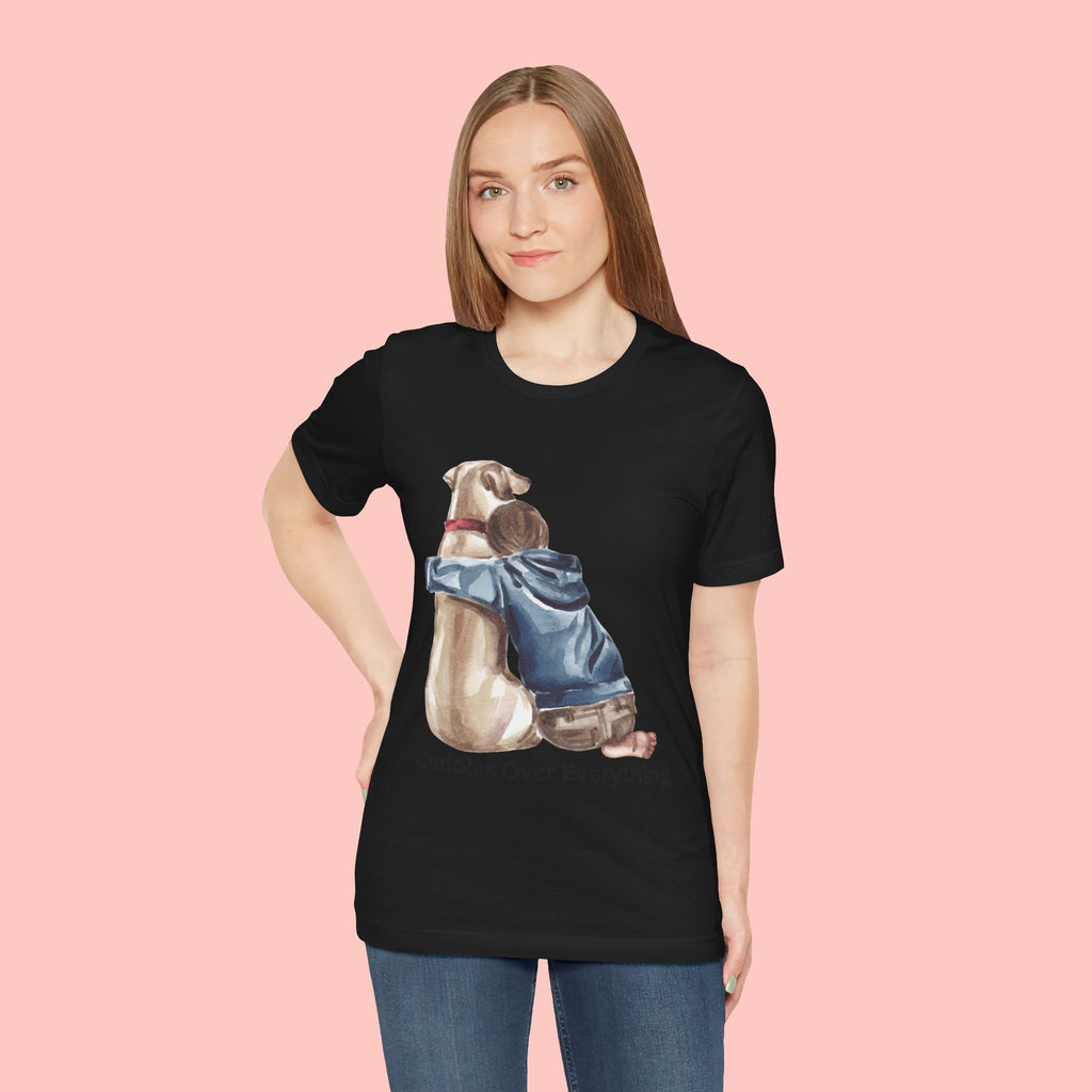 Cuddles Over Everything Tee — Boy Hugging Dog Animal Lover T-Shirt