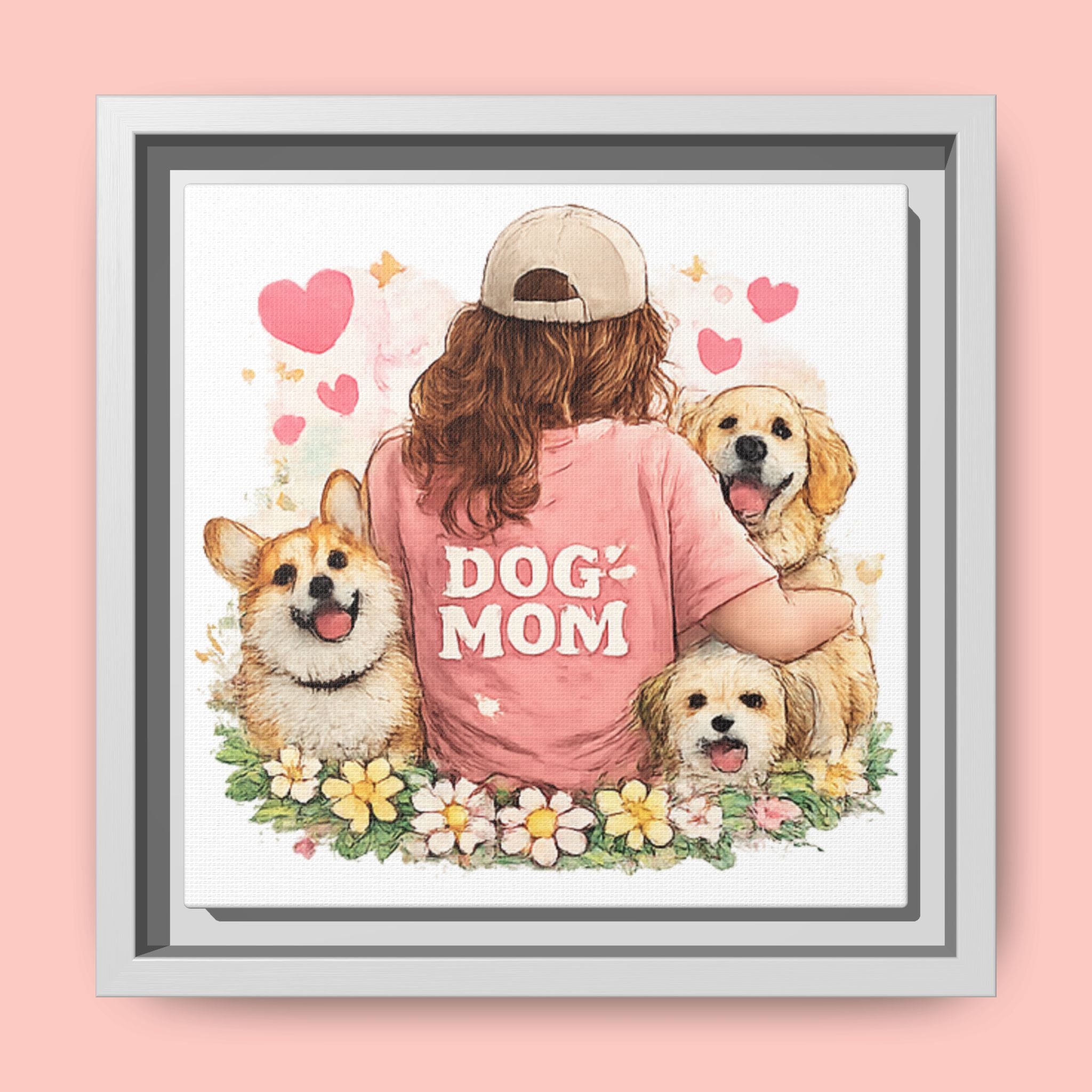 Dog Mom Canvas Print — Framed Matte Wall Art with Cute Dogs & Hearts