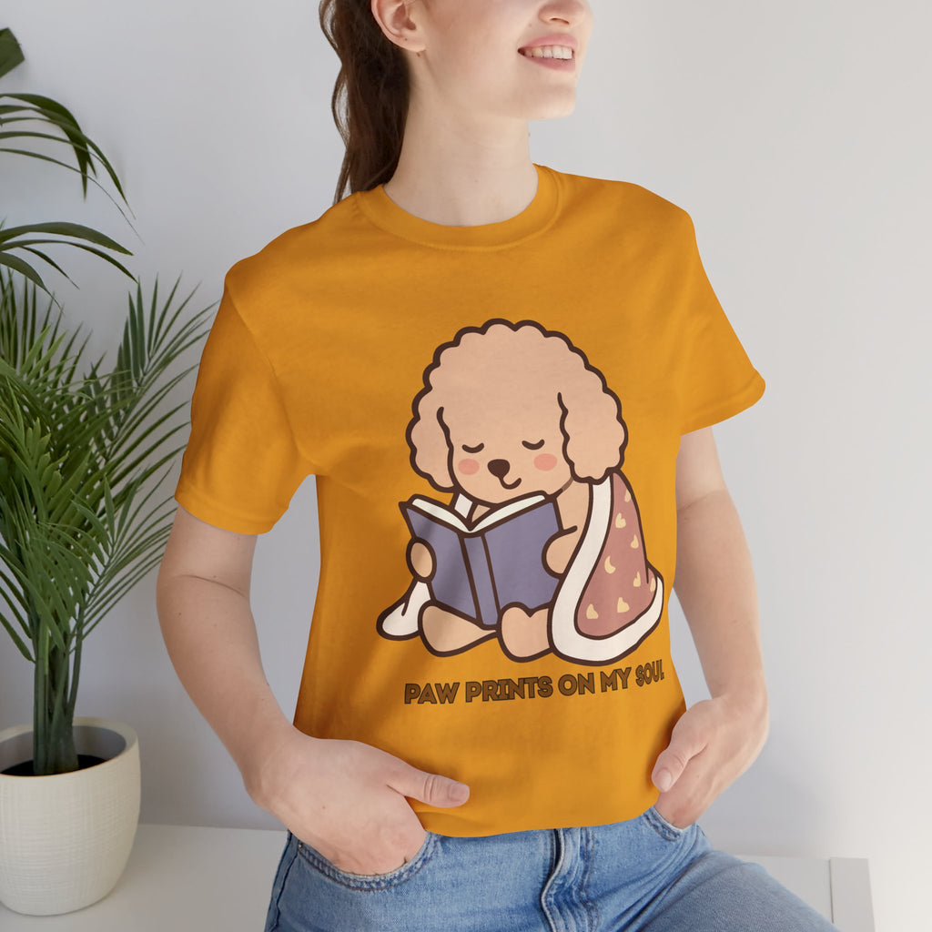 Paw Prints On My Soul T‑Shirt — Cute Reading Puppy Graphic Tee