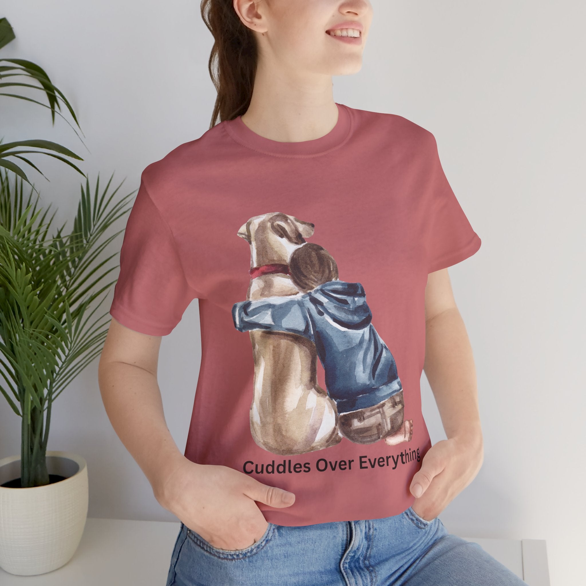 Cuddles Over Everything Tee — Boy Hugging Dog Animal Lover T-Shirt