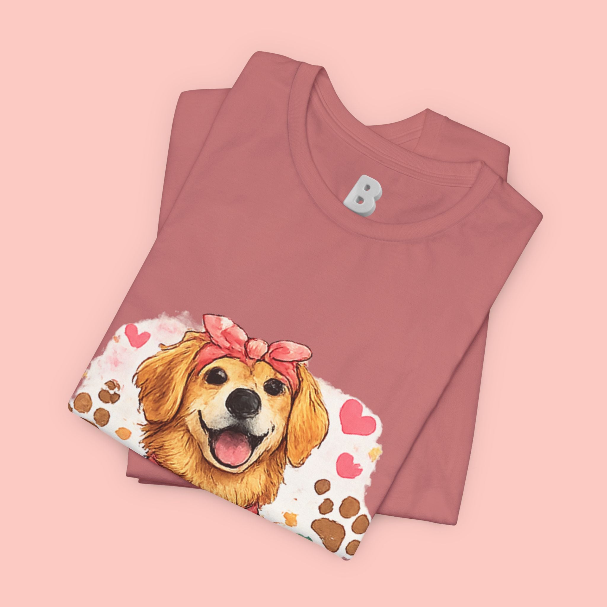 Dog Mom T-Shirt – Cute Golden Retriever Design with Hearts & Paw Prints