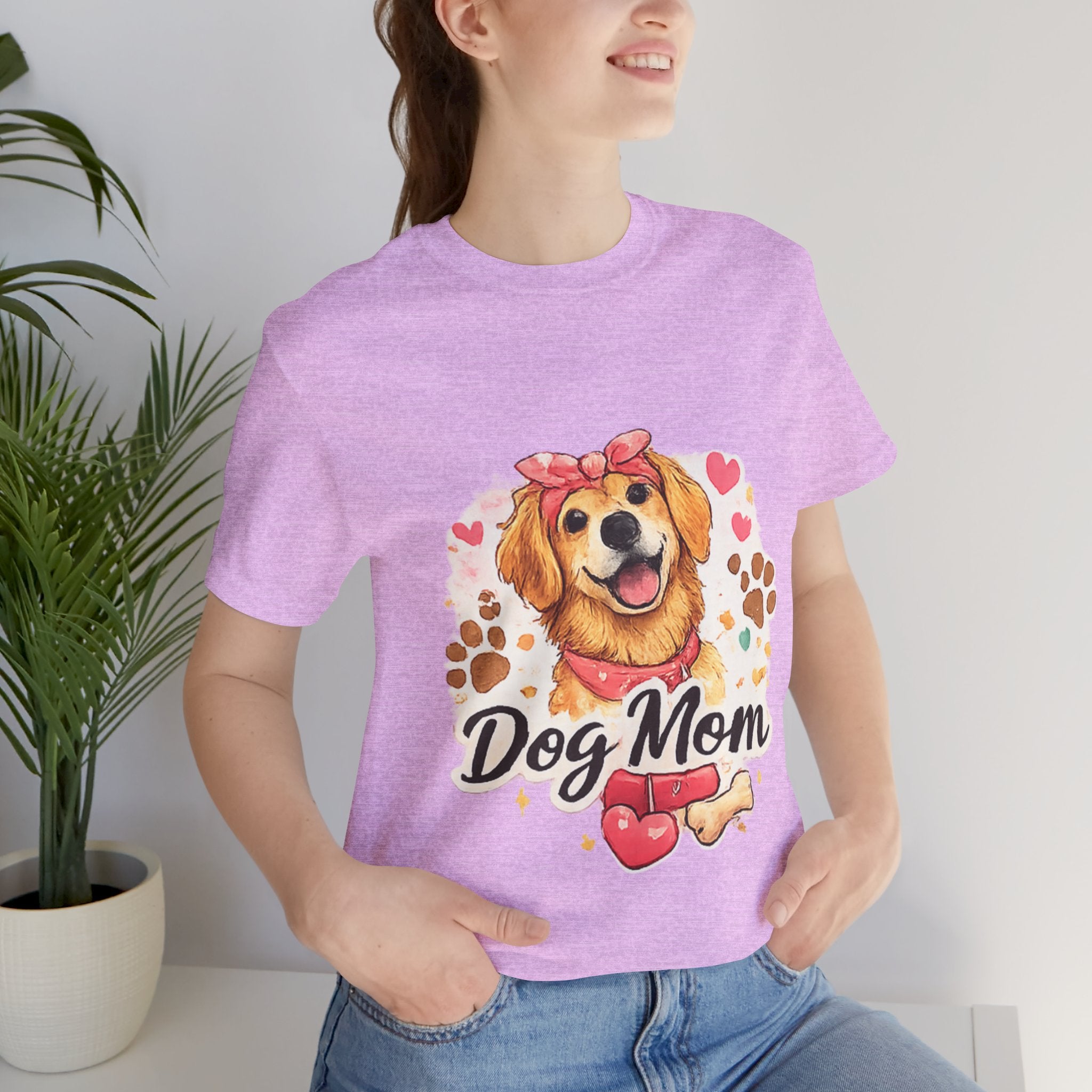 Dog Mom T-Shirt – Cute Golden Retriever Design with Hearts & Paw Prints