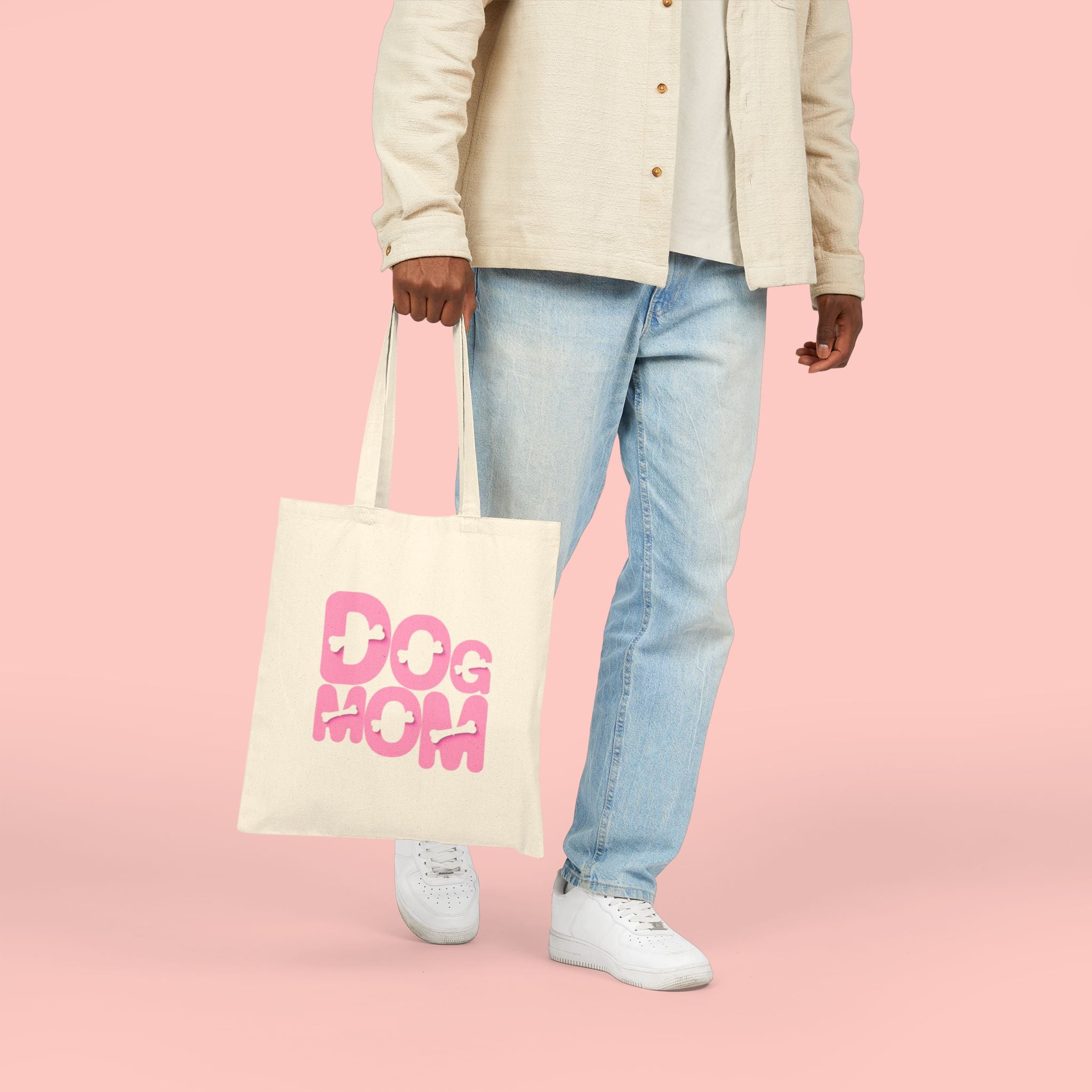 Dog Mom Canvas Tote Bag — Pink Retro Graphic Cotton Shopper for Pet Lovers