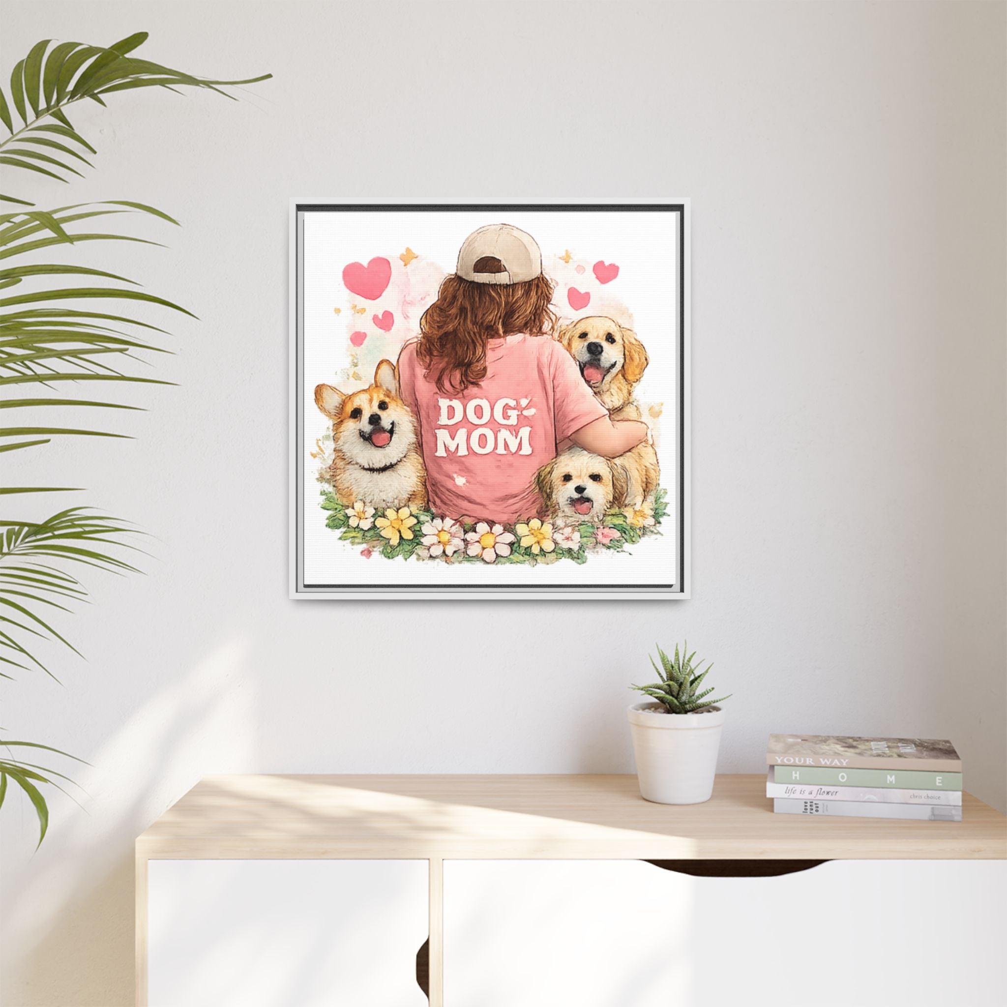 Dog Mom Canvas Print — Framed Matte Wall Art with Cute Dogs & Hearts