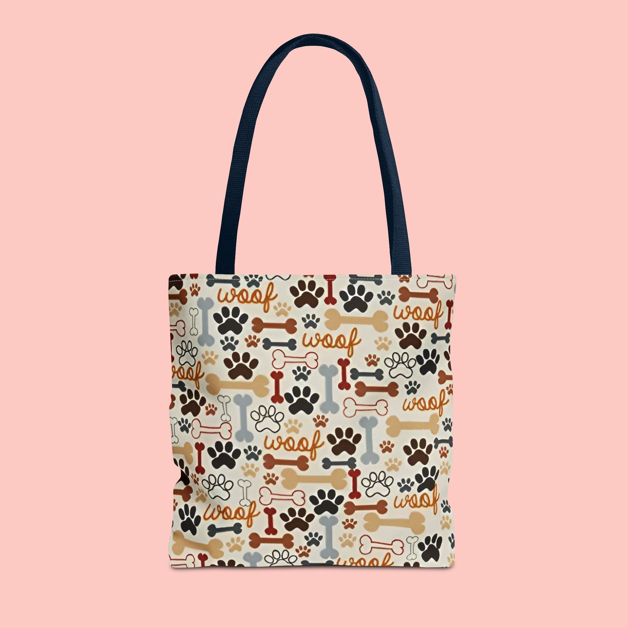 Dog Paw & Bone Pattern Tote Bag — 'Woof' All-Over Print Canvas Tote