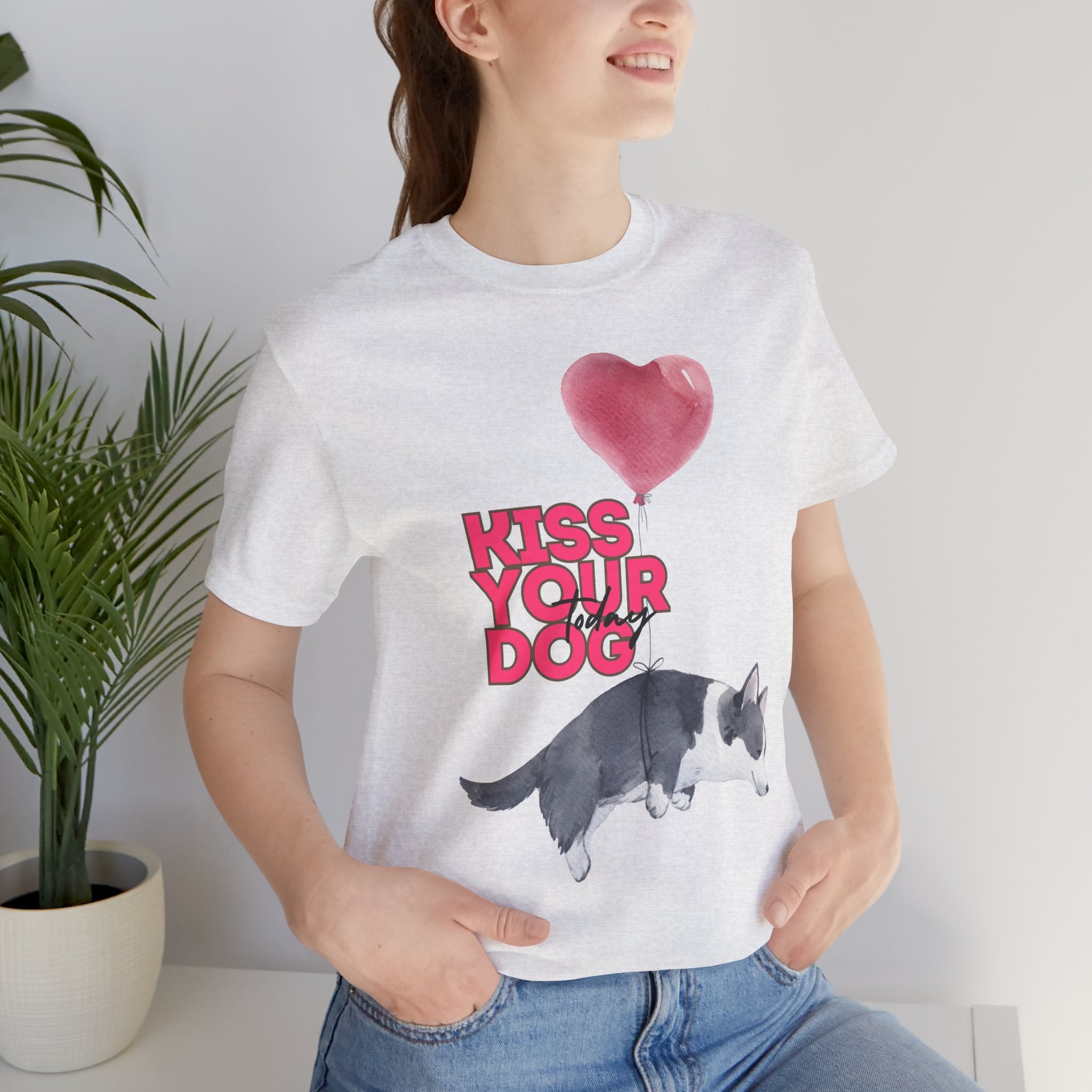 Kiss Your Dog T-Shirt — Cute Corgi with Heart Balloon Pet Lover Tee