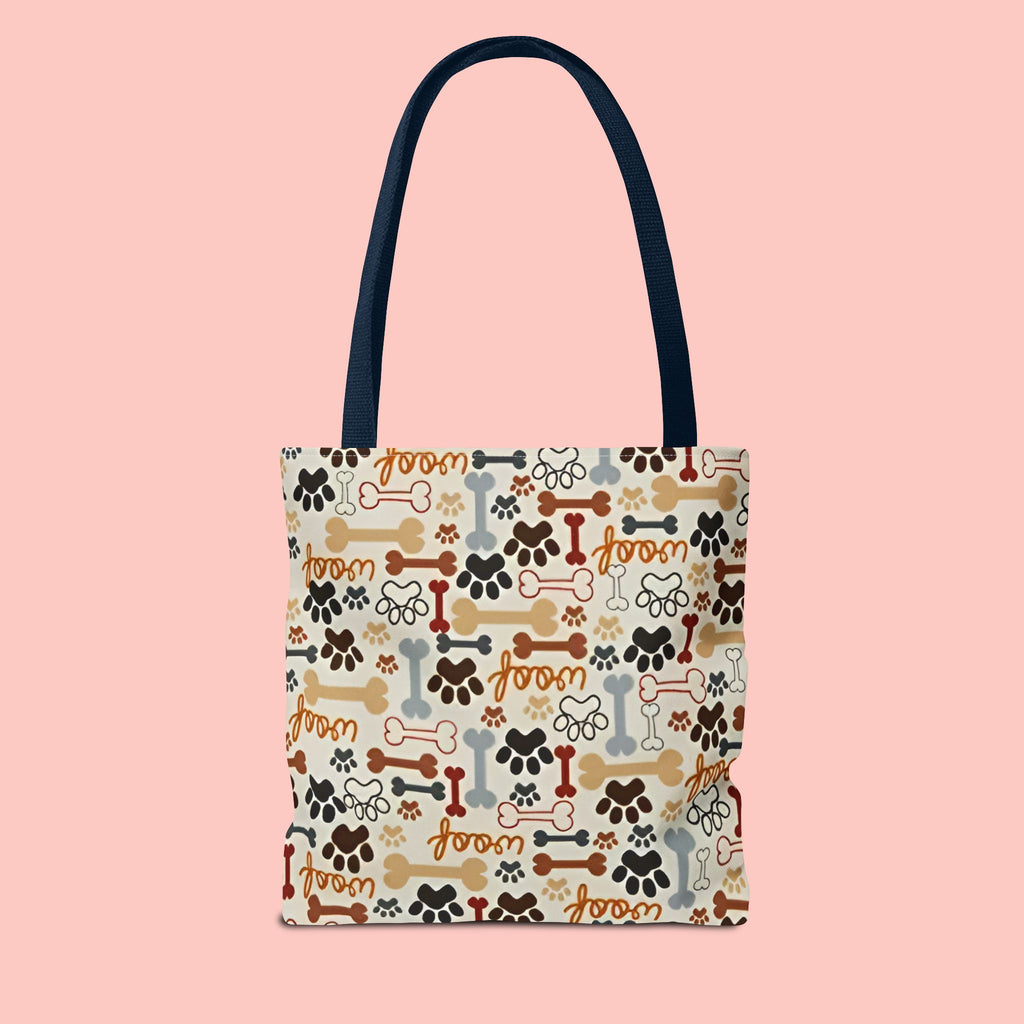 Dog Paw & Bone Pattern Tote Bag — 'Woof' All-Over Print Canvas Tote