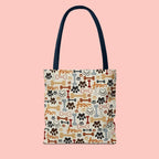 Dog Paw & Bone Pattern Tote Bag — 'Woof' All-Over Print Canvas Tote