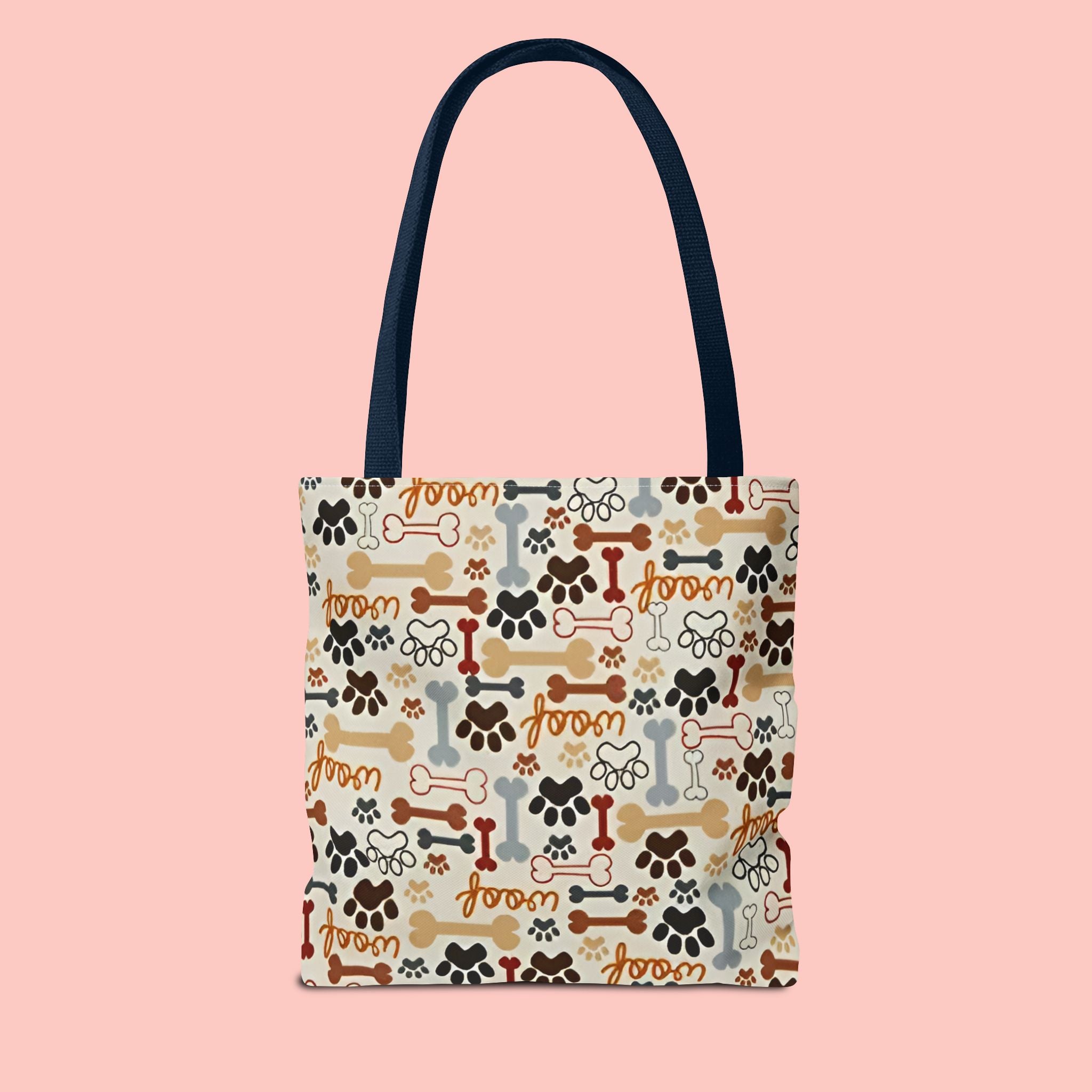Dog Paw & Bone Pattern Tote Bag — 'Woof' All-Over Print Canvas Tote