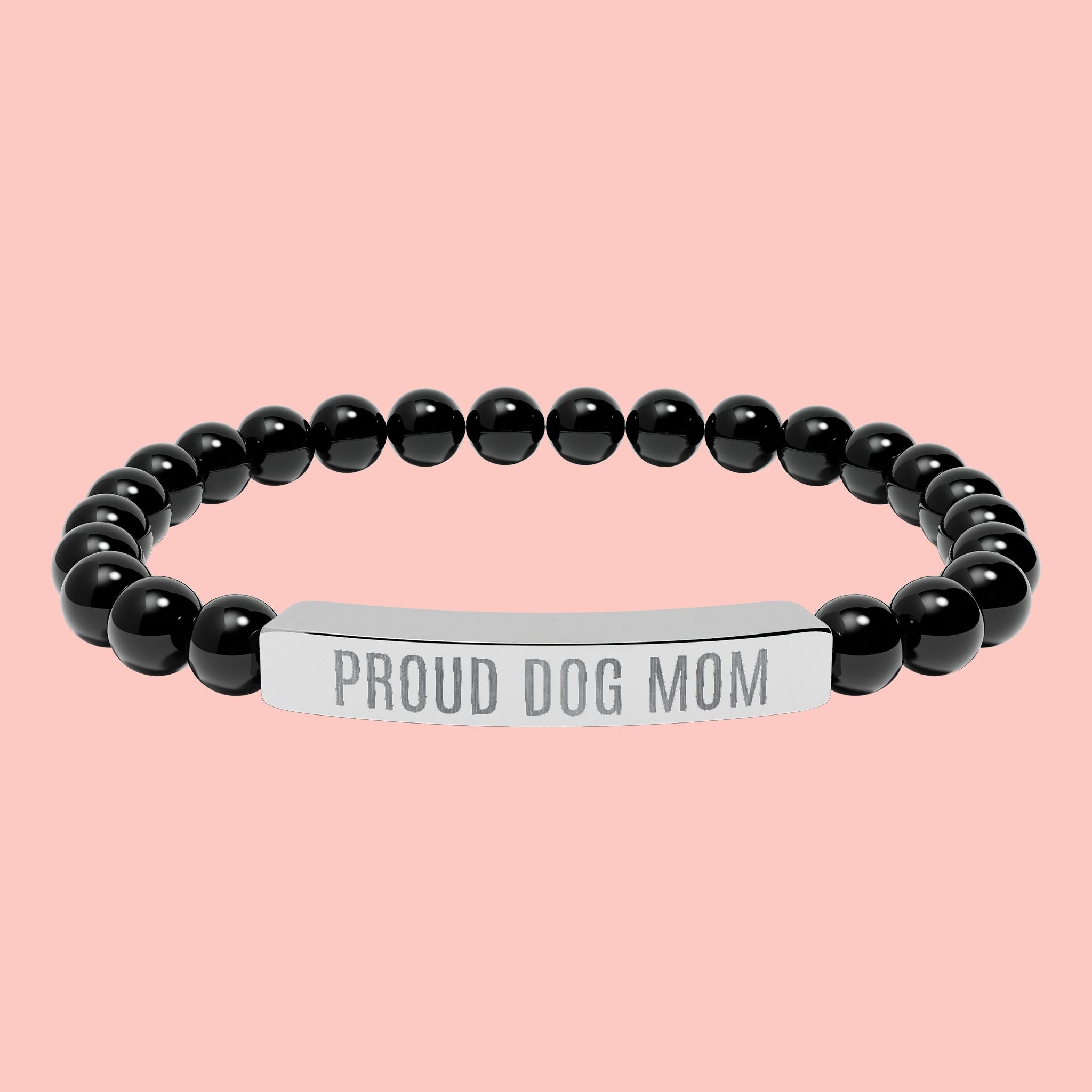 Proud Dog Mom Natural Stone Stretch Bracelet – Engraved Bar Gift for Pet Lovers