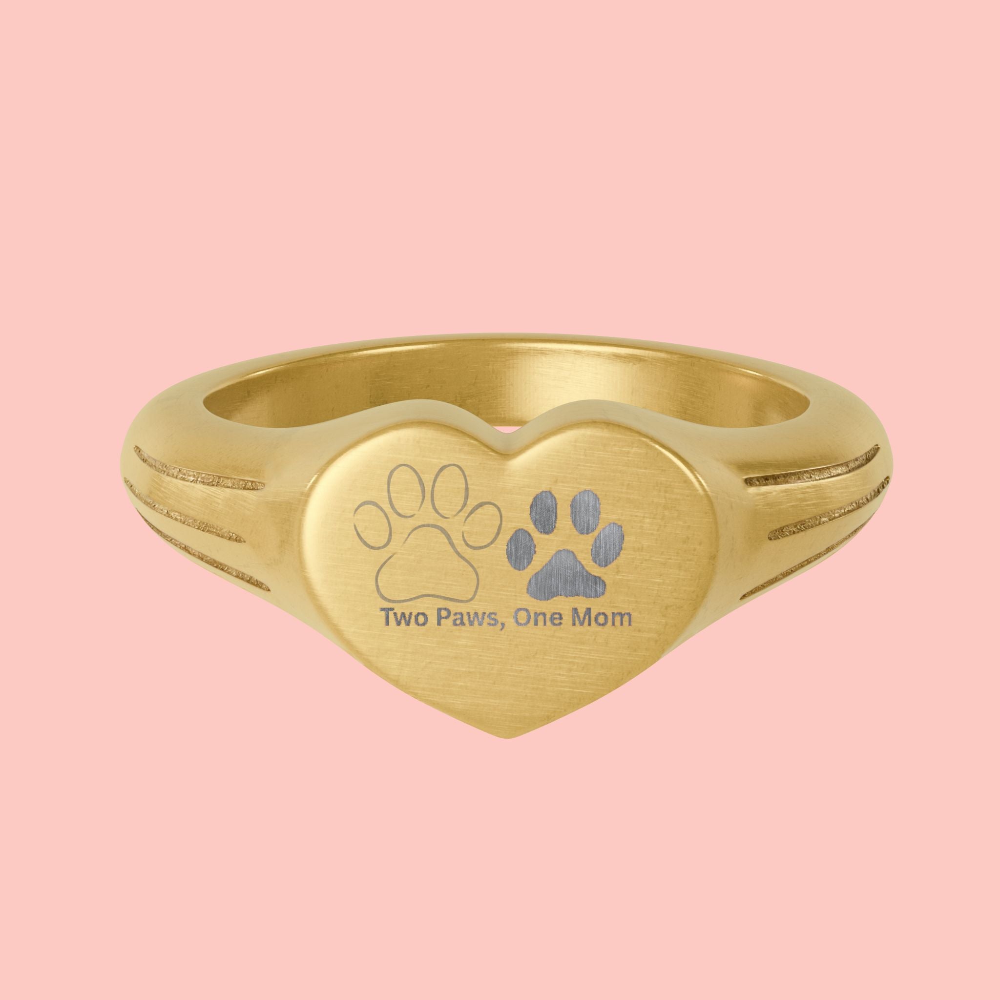 Gold Heart Signet Ring — Engraved Paw Print & Custom Text
