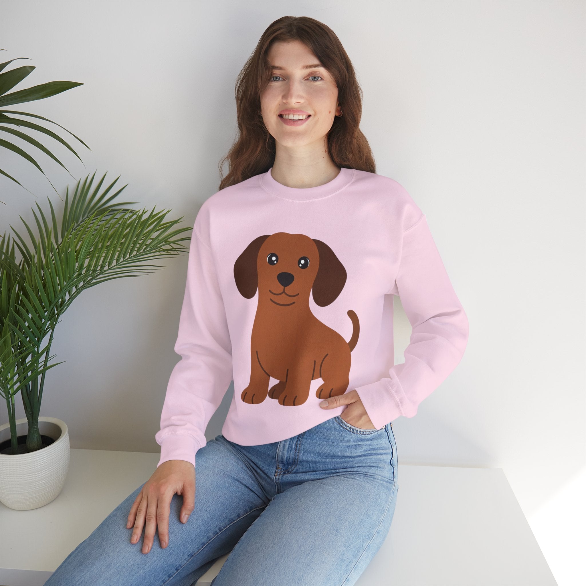 Cute Brown Puppy Sweatshirt — Cartoon Dachshund Crewneck for Dog Lovers