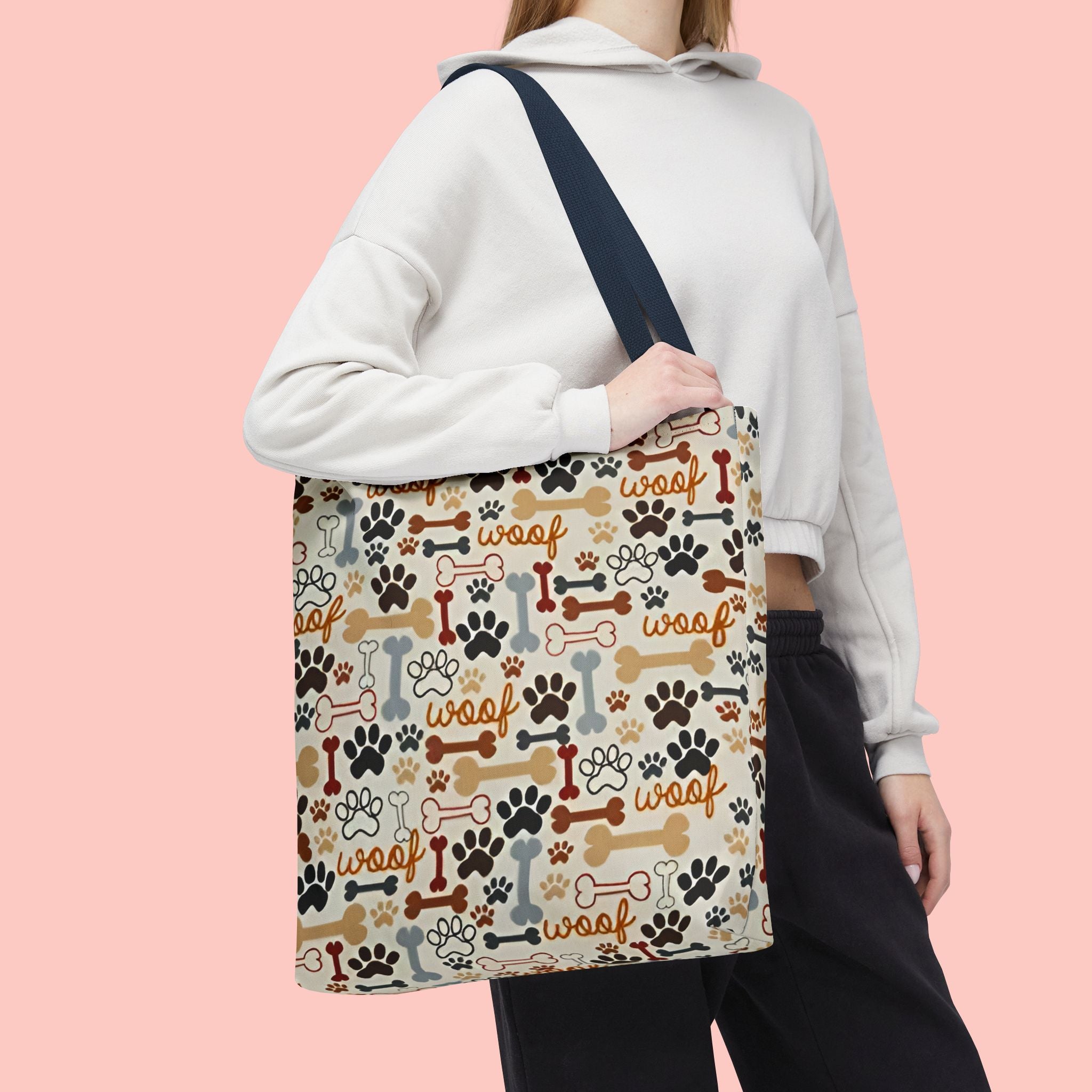 Dog Paw & Bone Pattern Tote Bag — 'Woof' All-Over Print Canvas Tote