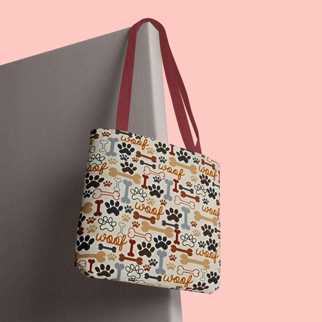 Dog Paw & Bone Pattern Tote Bag — 'Woof' All-Over Print Canvas Tote