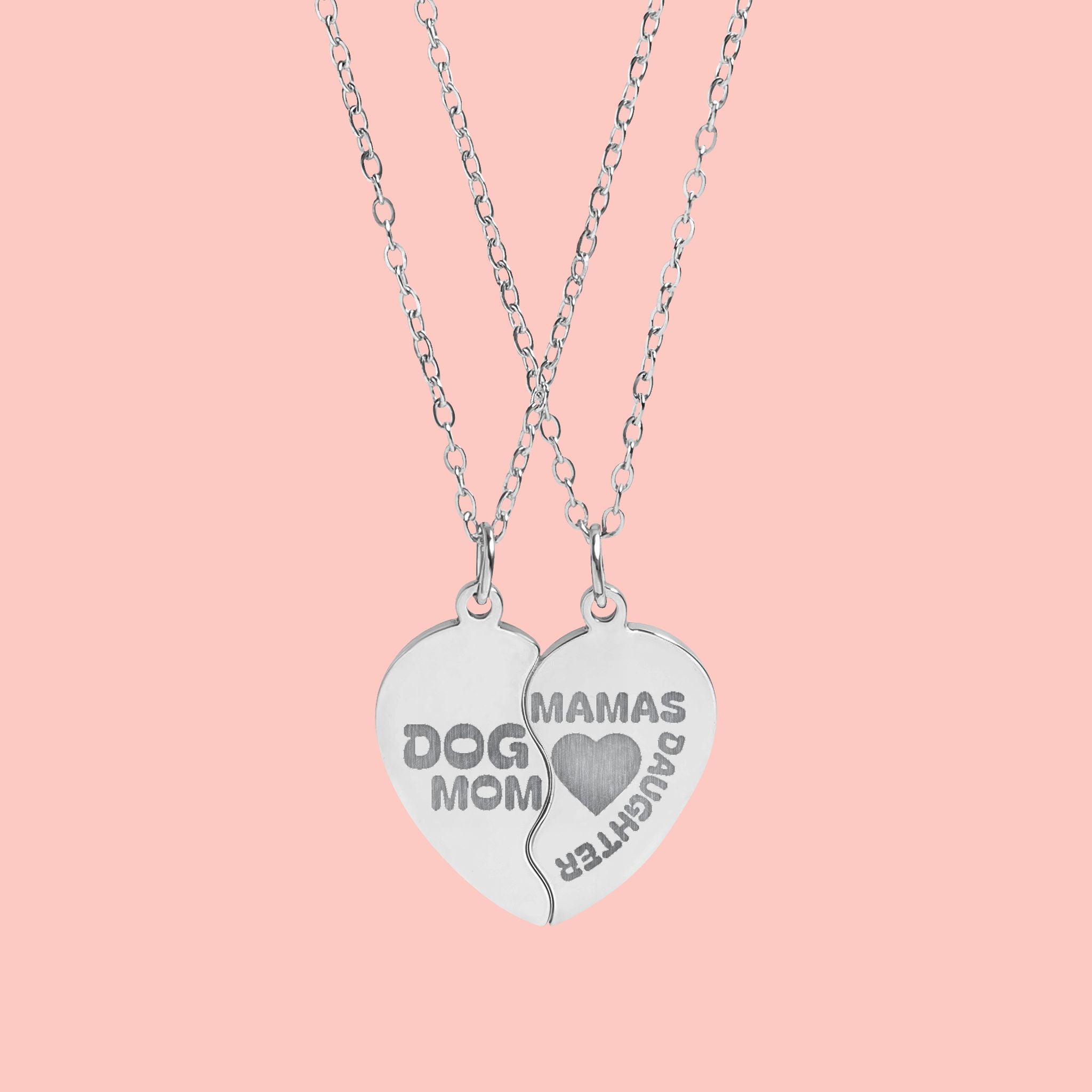 Break Apart Heart Necklace Set — Engraved "Dog Mom" & "Mama's Pup" Split Pendant