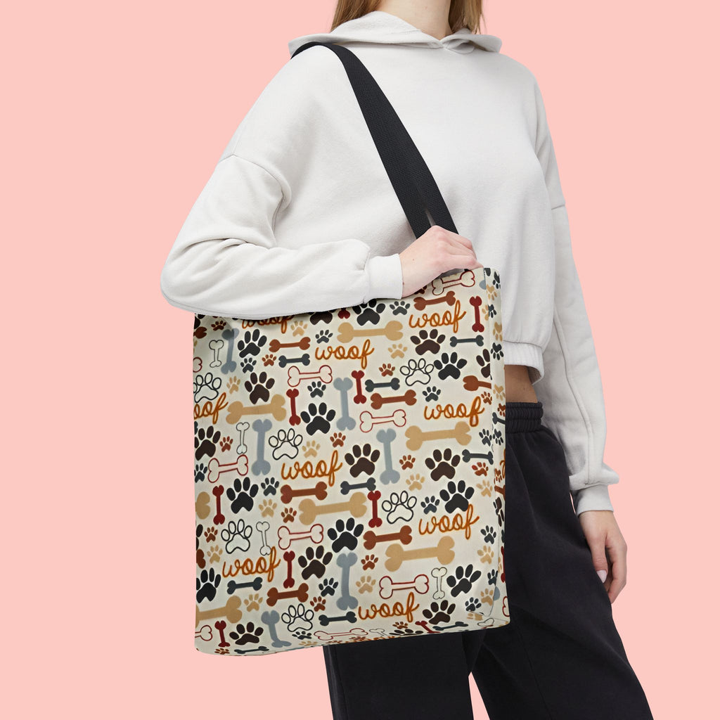 Dog Paw & Bone Pattern Tote Bag — 'Woof' All-Over Print Canvas Tote