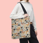 Dog Paw & Bone Pattern Tote Bag — 'Woof' All-Over Print Canvas Tote