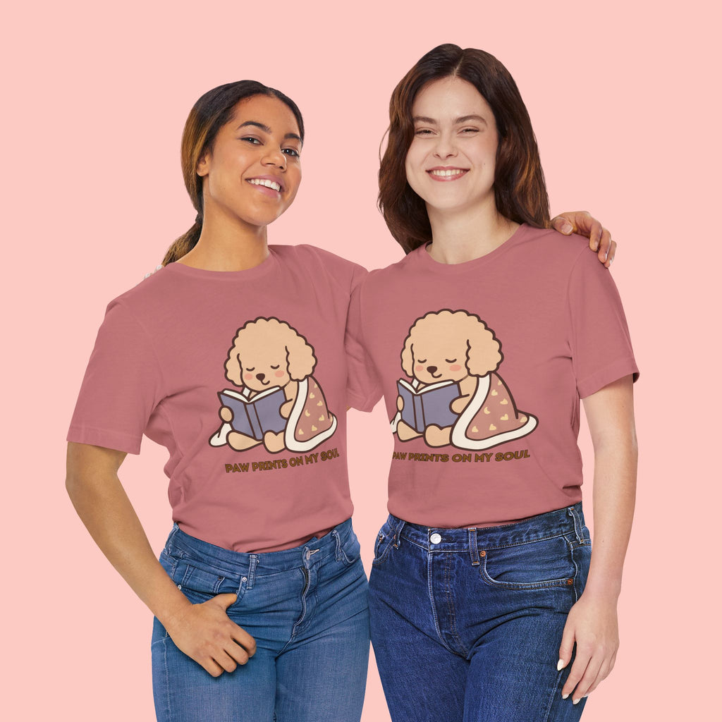 Paw Prints On My Soul T‑Shirt — Cute Reading Puppy Graphic Tee