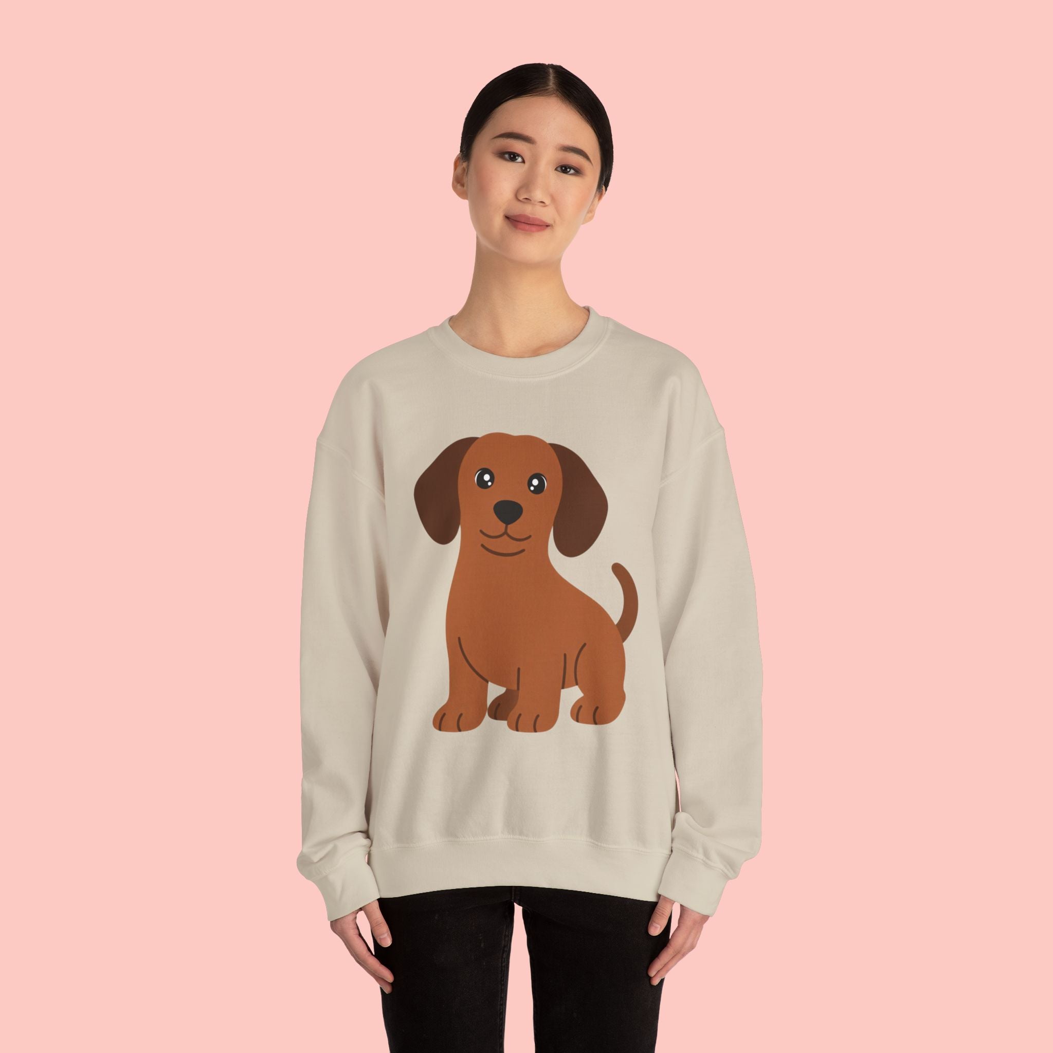 Cute Brown Puppy Sweatshirt — Cartoon Dachshund Crewneck for Dog Lovers