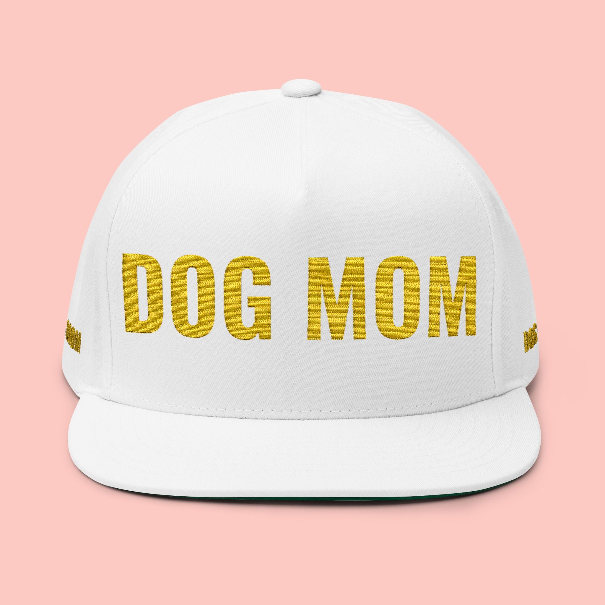 Dog Mom Flat Bill Cap — Embroidered Gold Sparkle