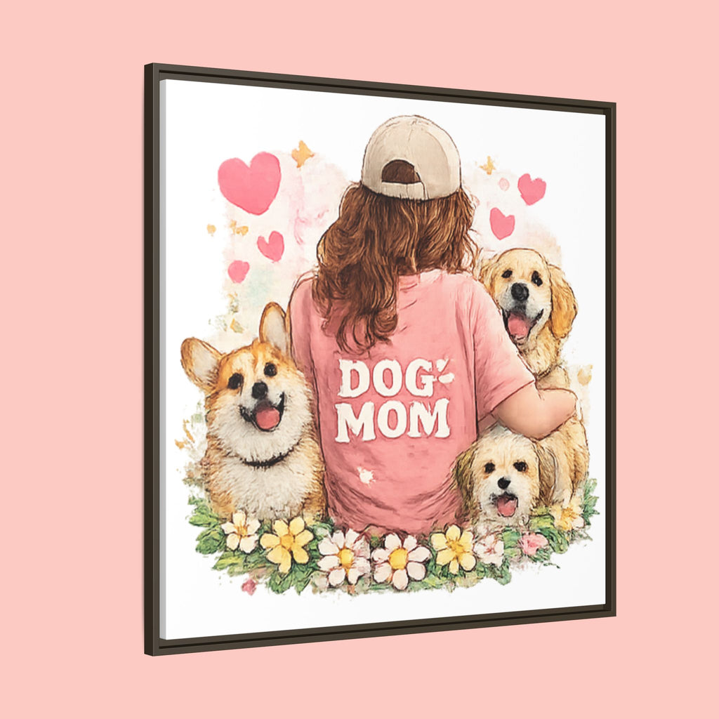 Dog Mom Canvas Print — Framed Matte Wall Art with Cute Dogs & Hearts