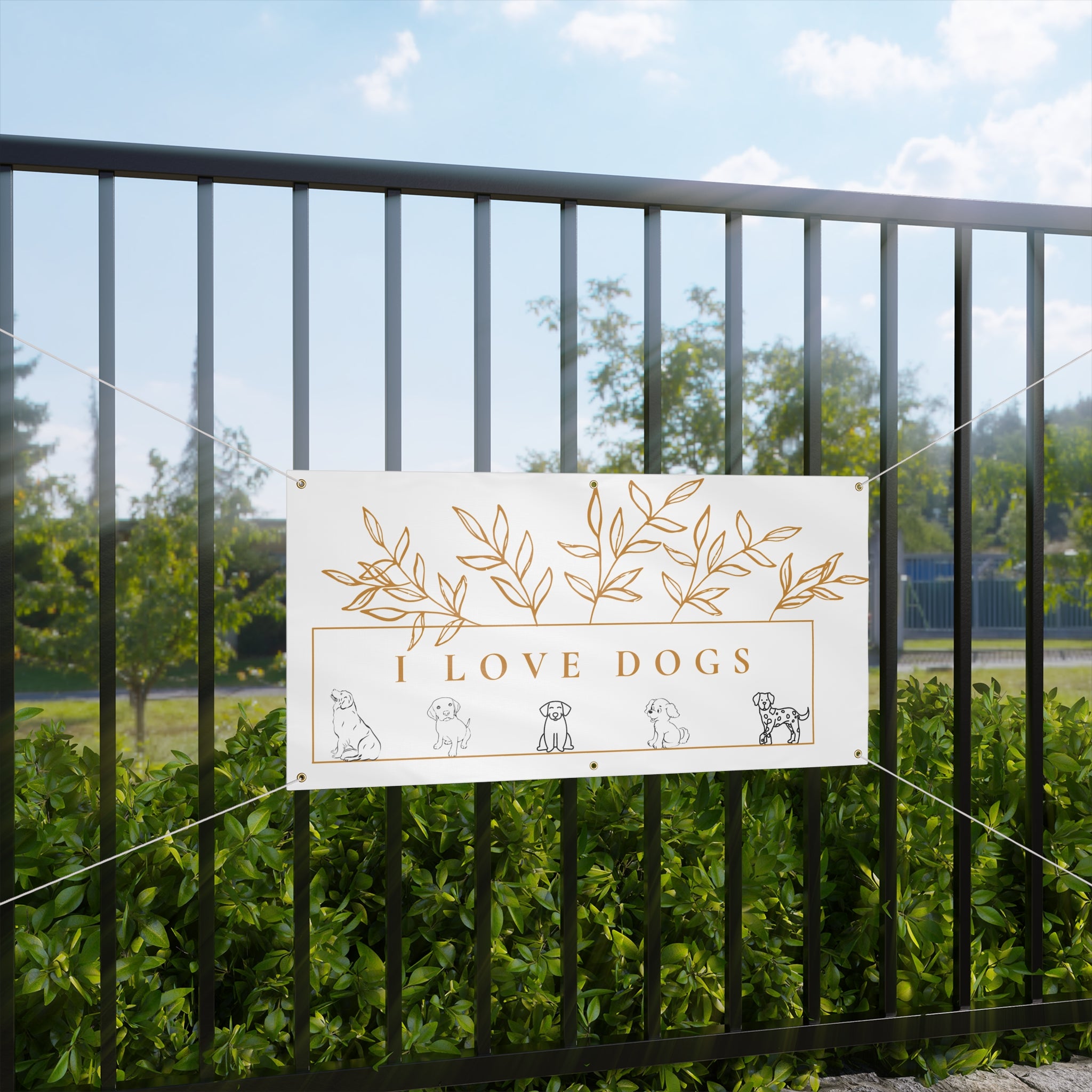 Matte Banner — I Love Dogs Decorative Outdoor/Indoor Sign with Gold Leaf Illustration