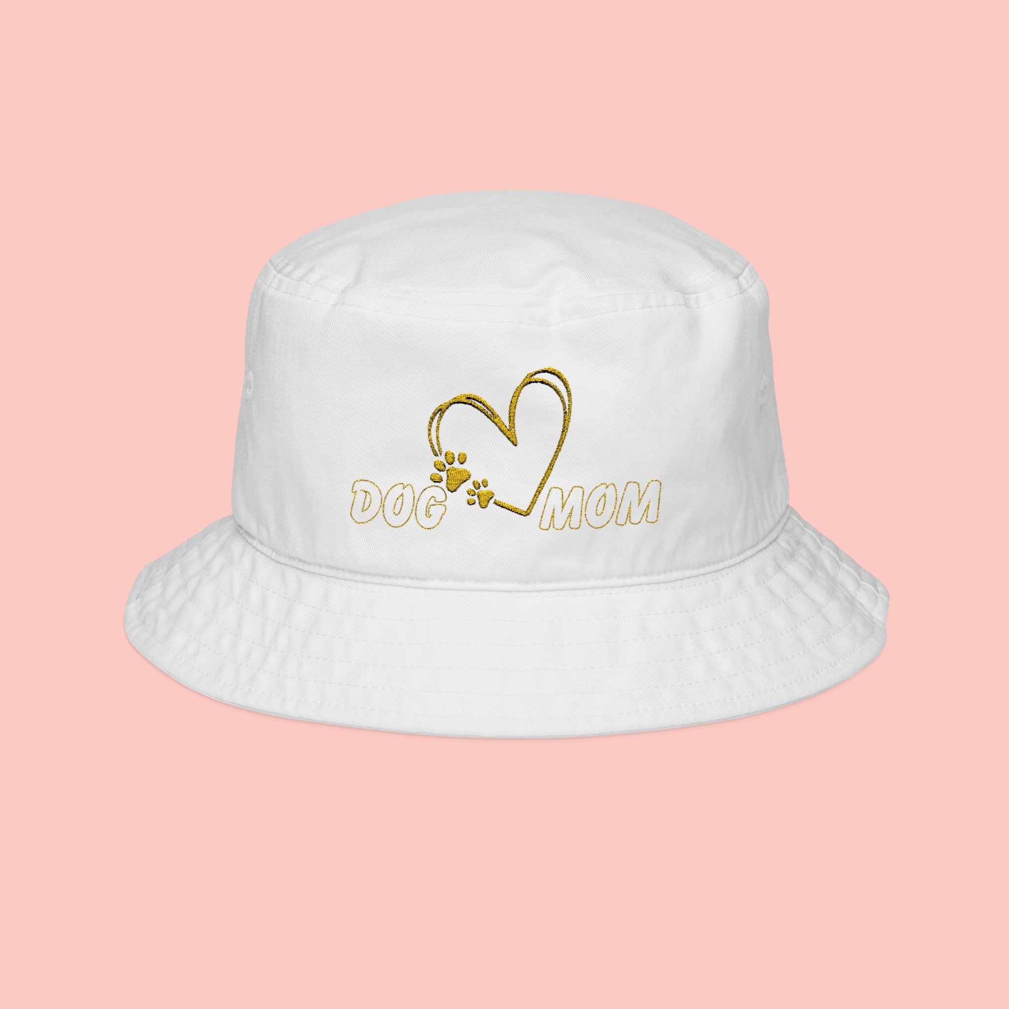 Dog Mom Embroidered Bucket Hat — Gold Heart Paw Design