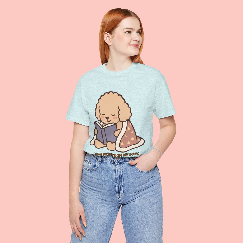 Paw Prints On My Soul T‑Shirt — Cute Reading Puppy Graphic Tee