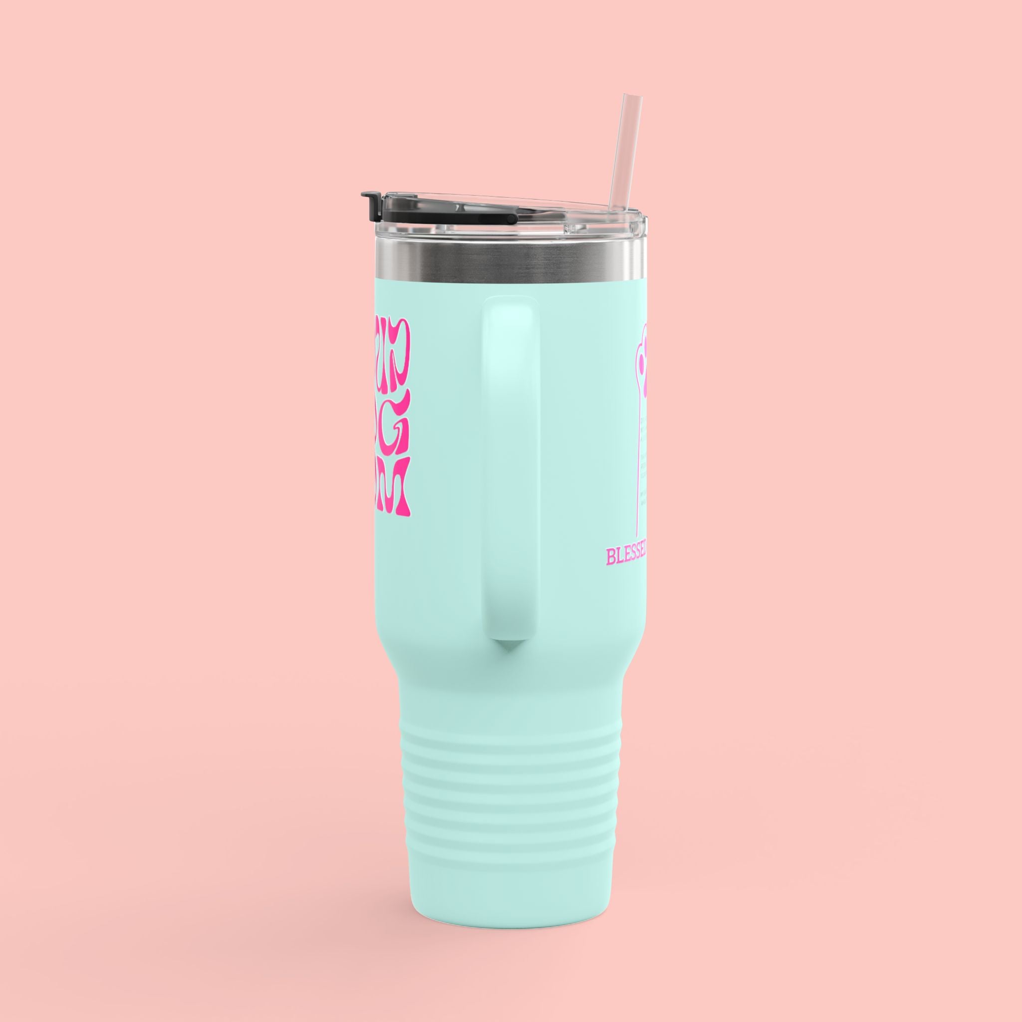 40oz Insulated Travel Mug — 'Groovy Mom' Pink Retro Design