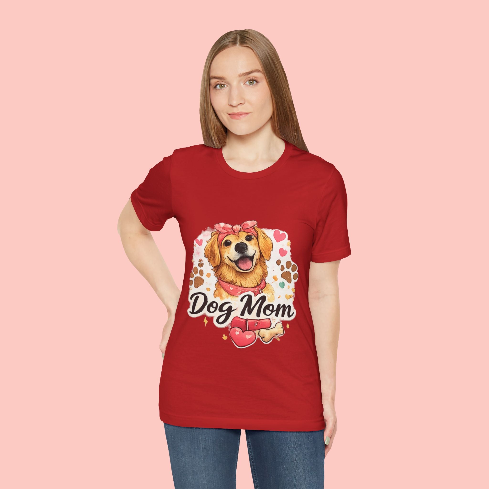 Dog Mom T-Shirt – Cute Golden Retriever Design with Hearts & Paw Prints