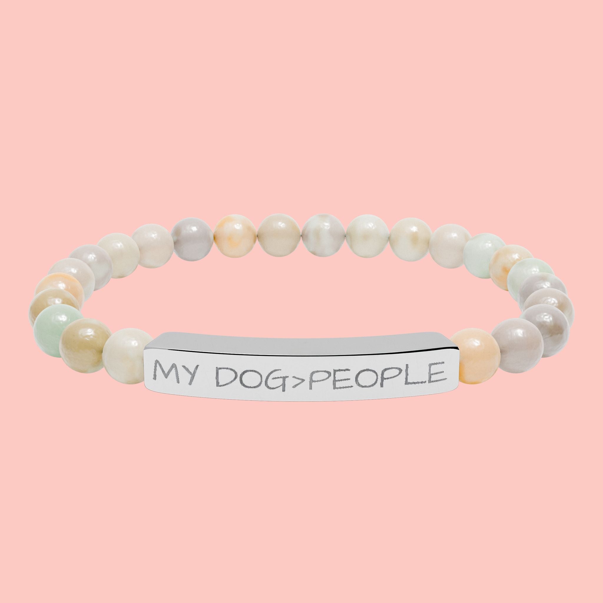 Engraved Natural Stone Bar Bracelet — "My Dog = People" Stretch Bracelet