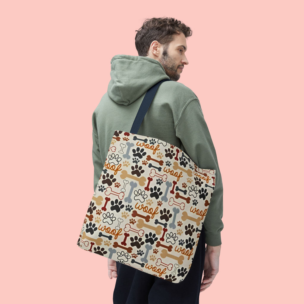 Dog Paw & Bone Pattern Tote Bag — 'Woof' All-Over Print Canvas Tote