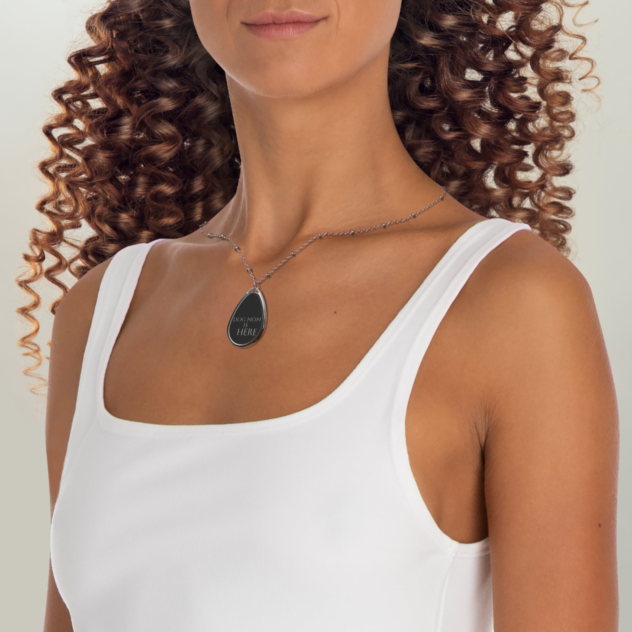 Dog Mom Is Here Oval Necklace — Silver Teardrop Pendant for Dog Lovers