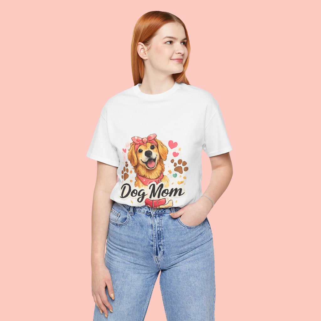 Dog Mom T-Shirt – Cute Golden Retriever Design with Hearts & Paw Prints