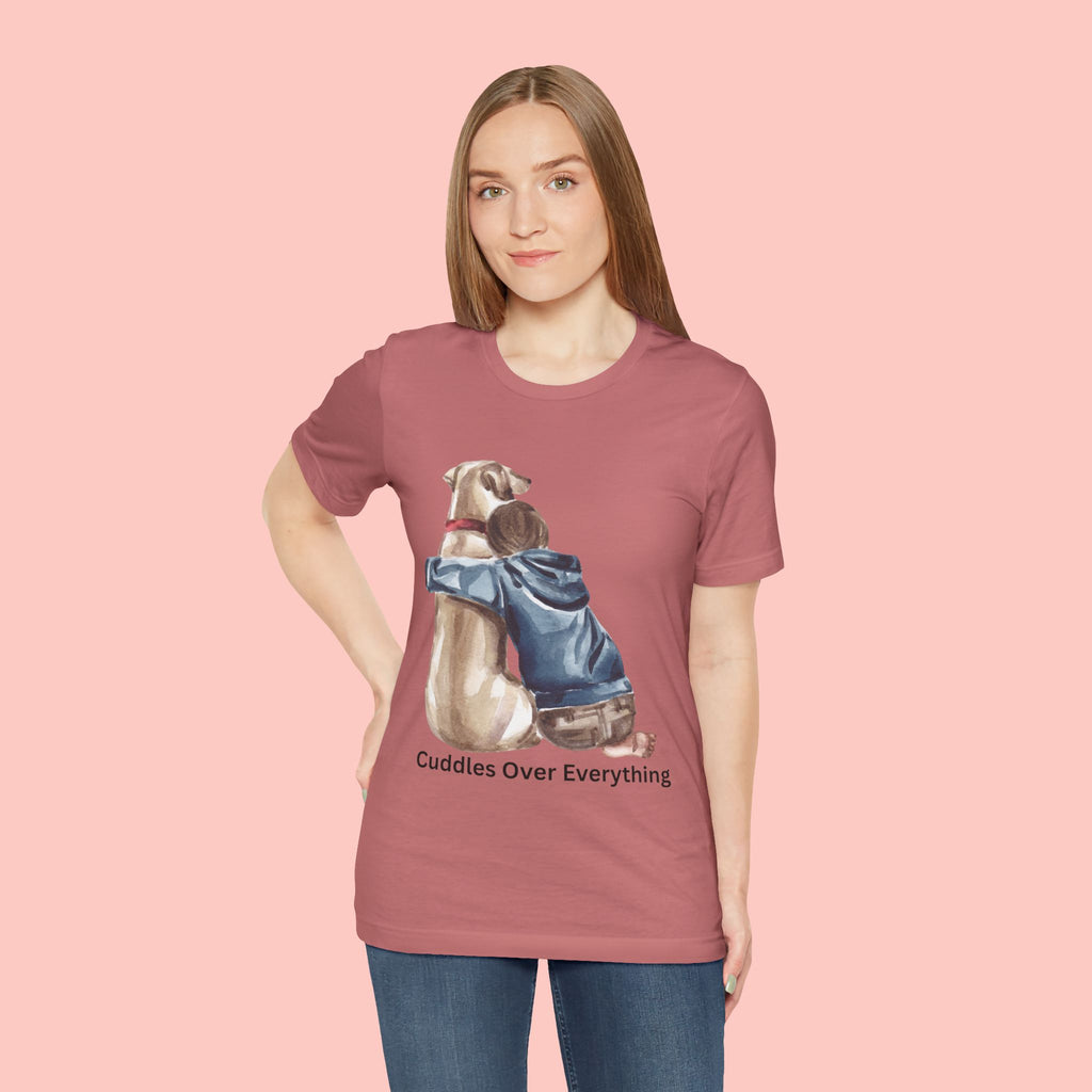 Cuddles Over Everything Tee — Boy Hugging Dog Animal Lover T-Shirt