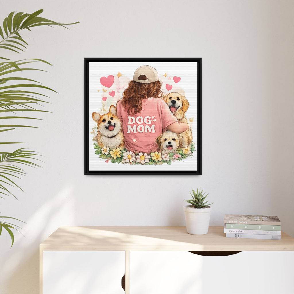 Dog Mom Canvas Print — Framed Matte Wall Art with Cute Dogs & Hearts