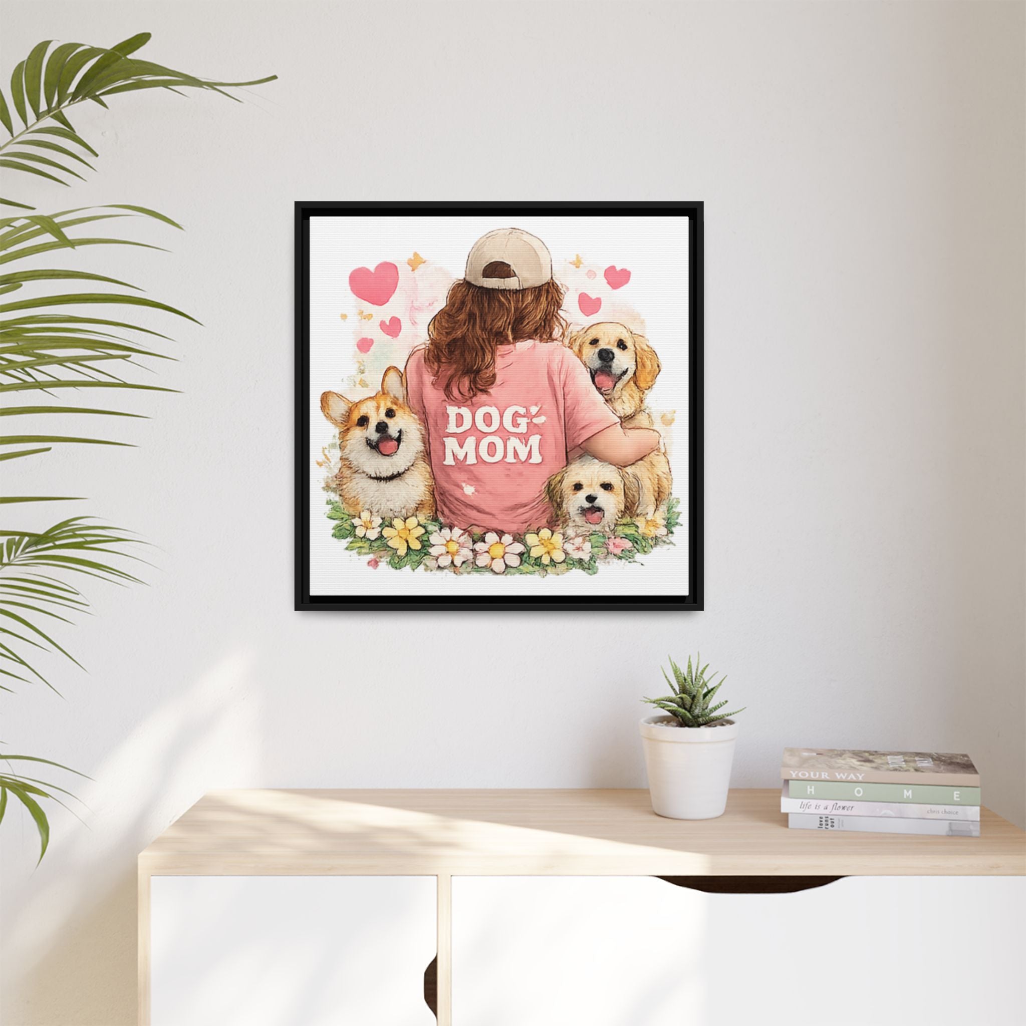 Dog Mom Canvas Print — Framed Matte Wall Art with Cute Dogs & Hearts