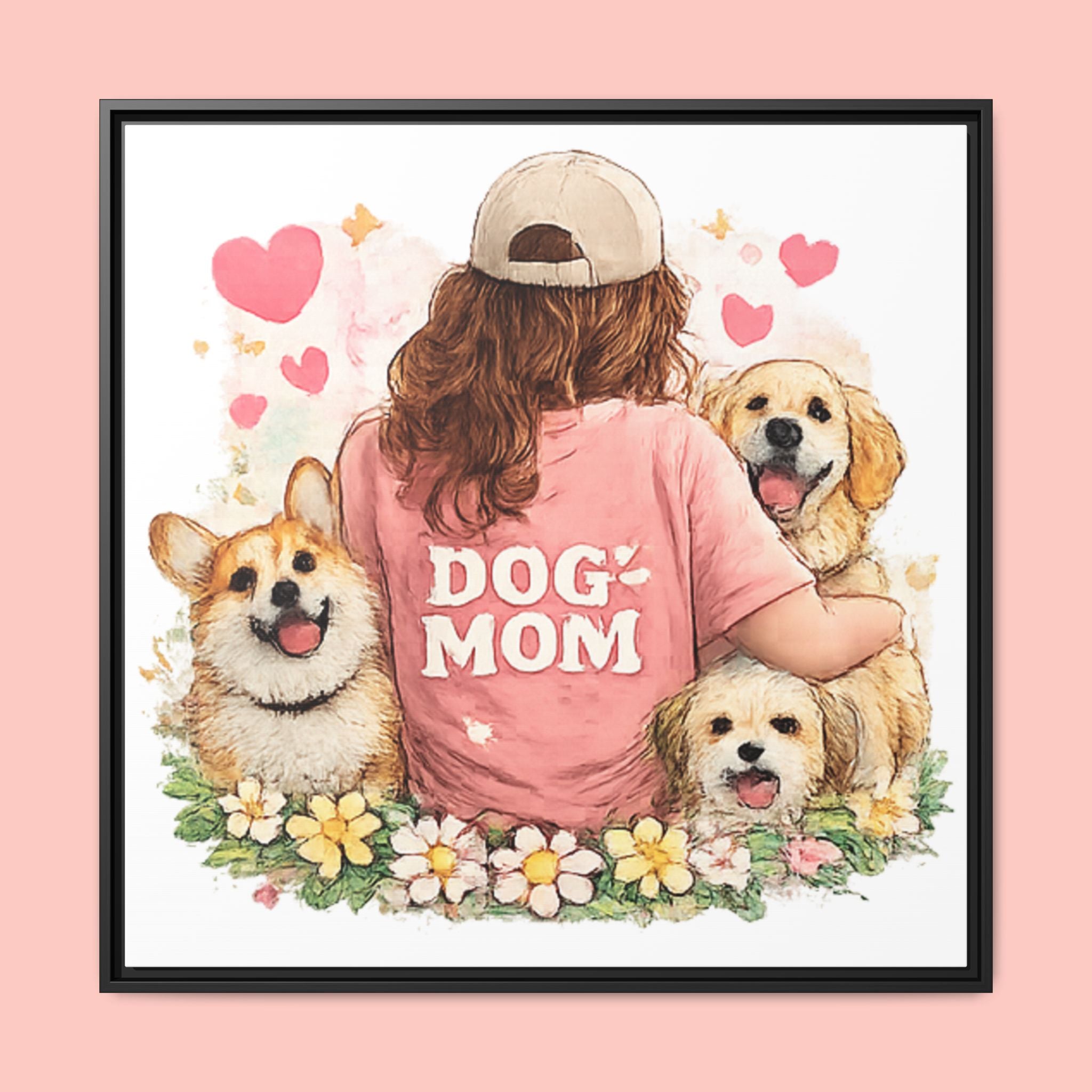 Dog Mom Canvas Print — Framed Matte Wall Art with Cute Dogs & Hearts