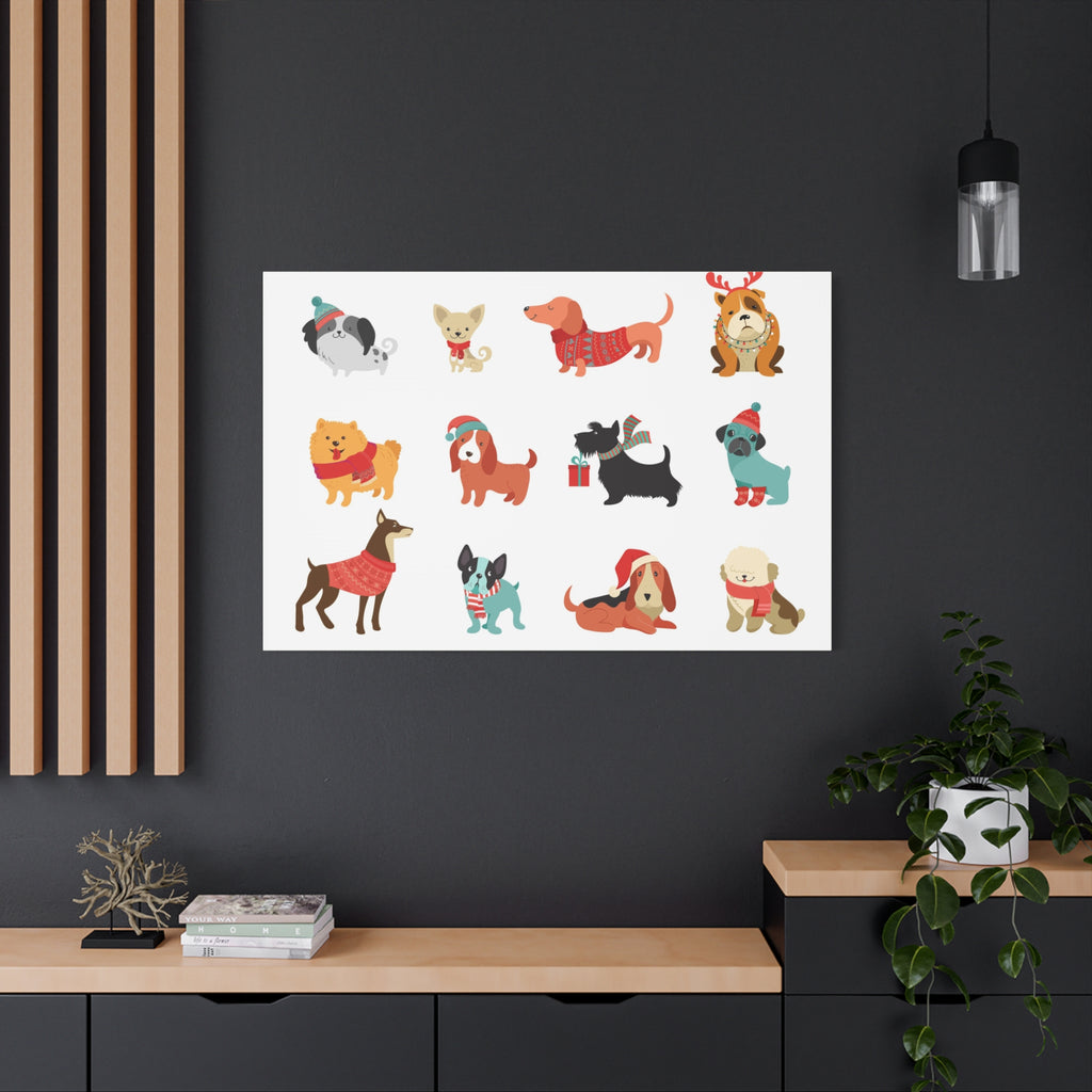 Holiday Dogs Canvas Wall Art — Cute Dachshund, Pug & Mixed Breeds in Winter Sweaters